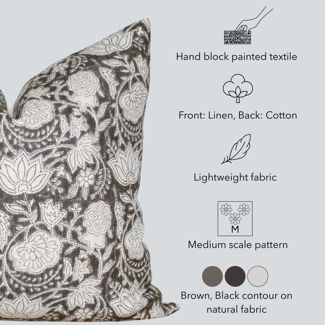 Auburn Floral Block Printed Pillow Cover | Brown - Image 8