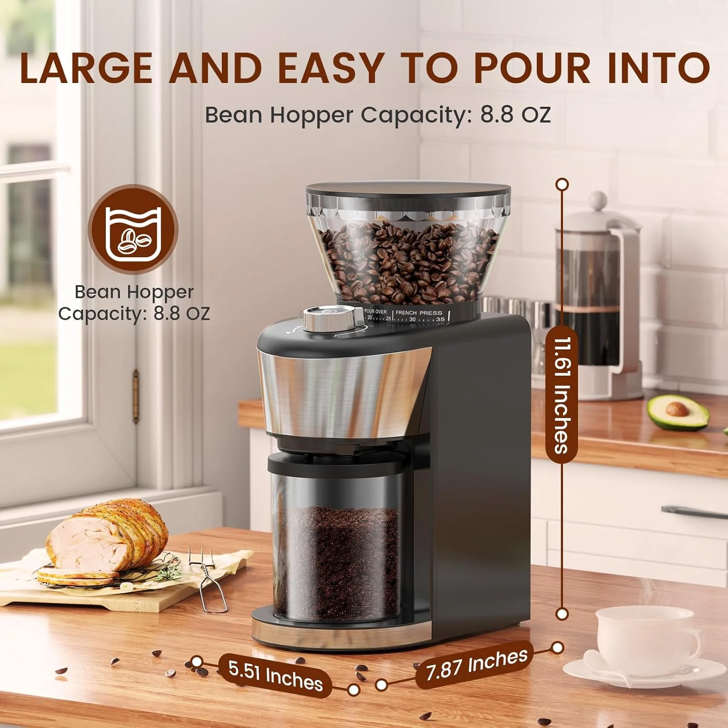 Automatic Coffee Grinder, Electric Burr One-Touch Grinder with 35 Grind Settings for Drip/Espresso/PourOver/ColdBrew, 2-12 Cup Dose Selection B8002 - Image 6