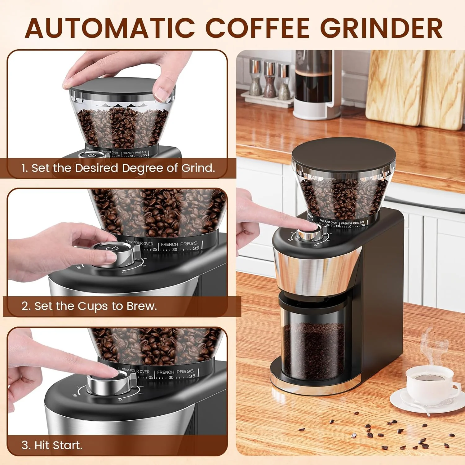 Automatic Coffee Grinder, Electric Burr One-Touch Grinder with 35 Grind Settings for Drip/Espresso/PourOver/ColdBrew, 2-12 Cup Dose Selection B8002 - Image 7