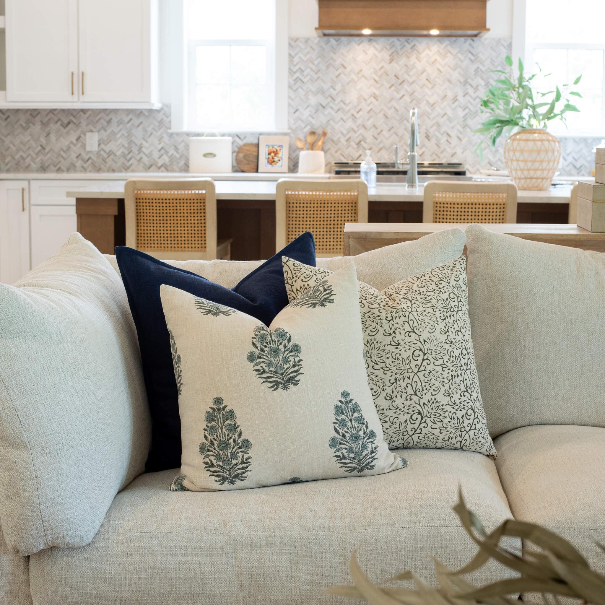 Azure Floral Block Printed Pillow Cover | Blue - Image 2