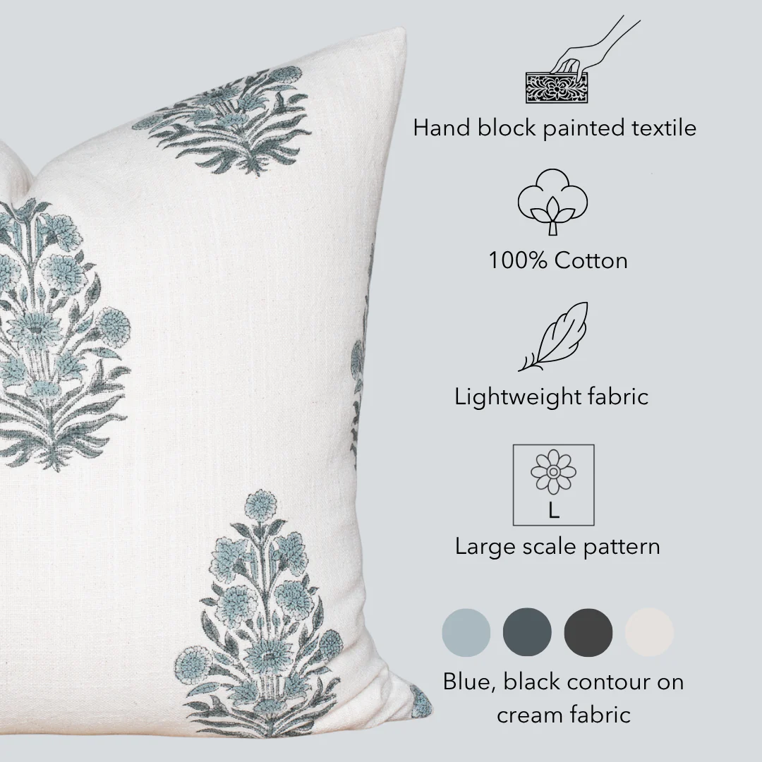 Azure Floral Block Printed Pillow Cover | Blue - Image 6