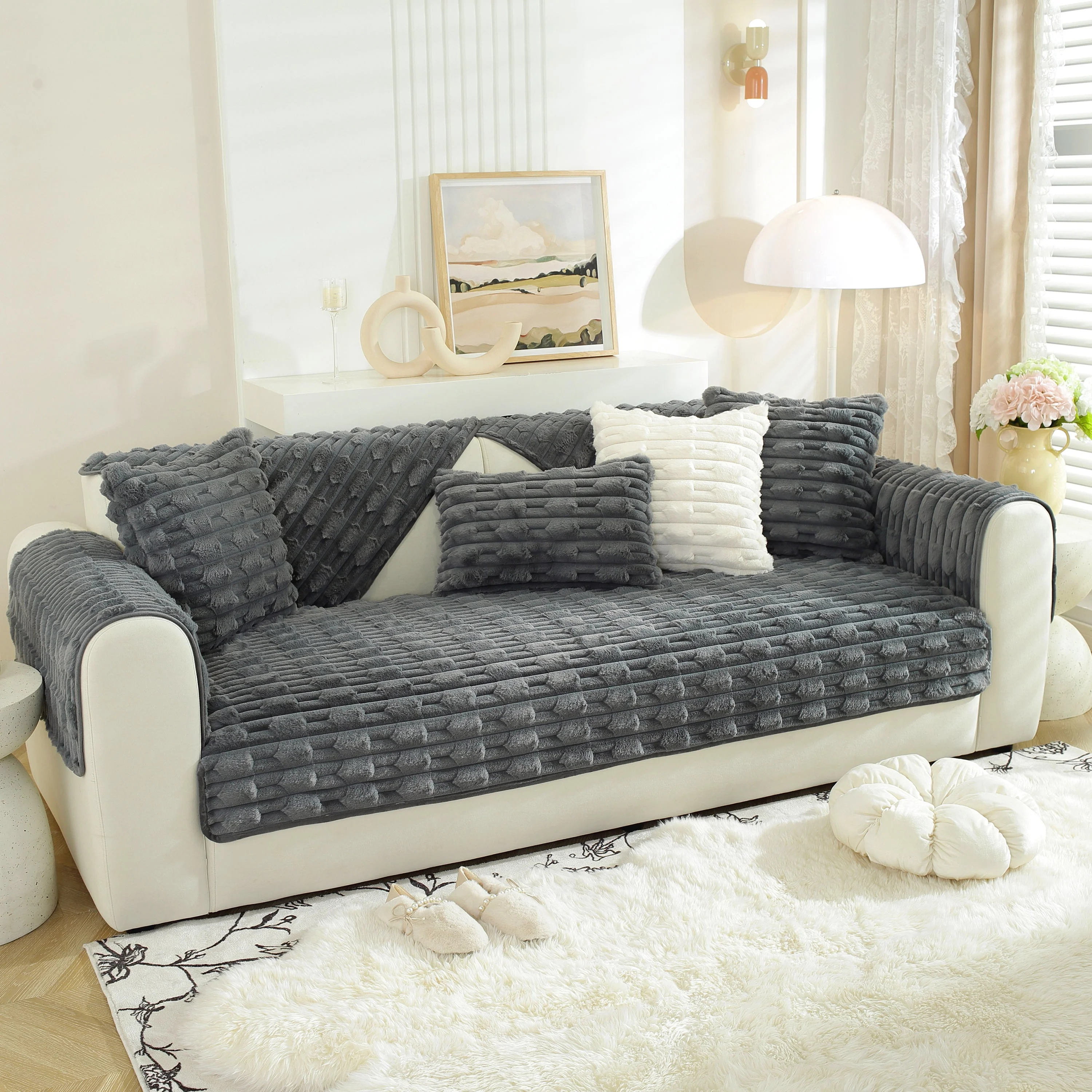 Bamboo-Style Sofa Towel, Faux Rabbit Fur Thickened Non-slip Seat Cushion Covers - Image 11