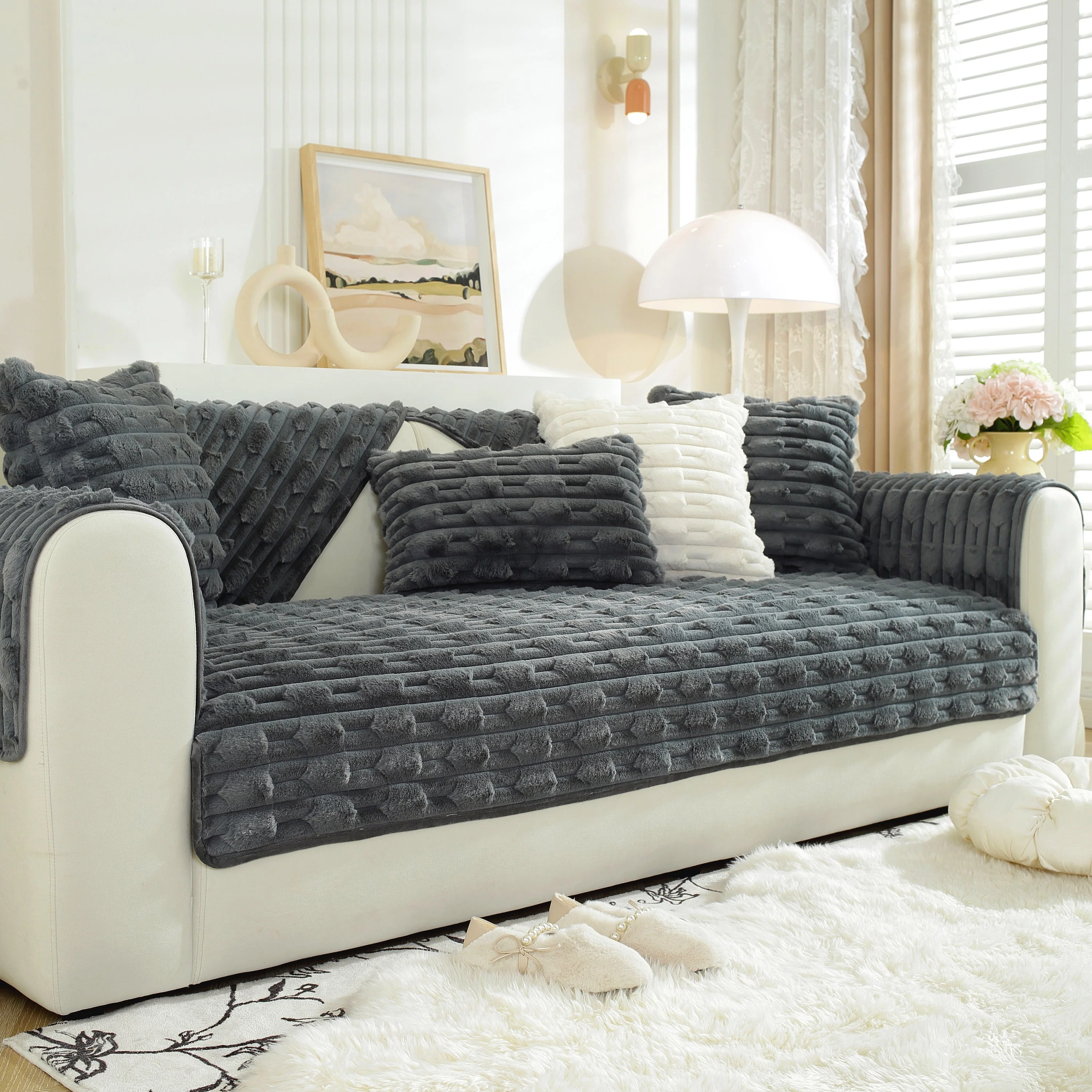 Bamboo-Style Sofa Towel, Faux Rabbit Fur Thickened Non-slip Seat Cushion Covers - Image 12