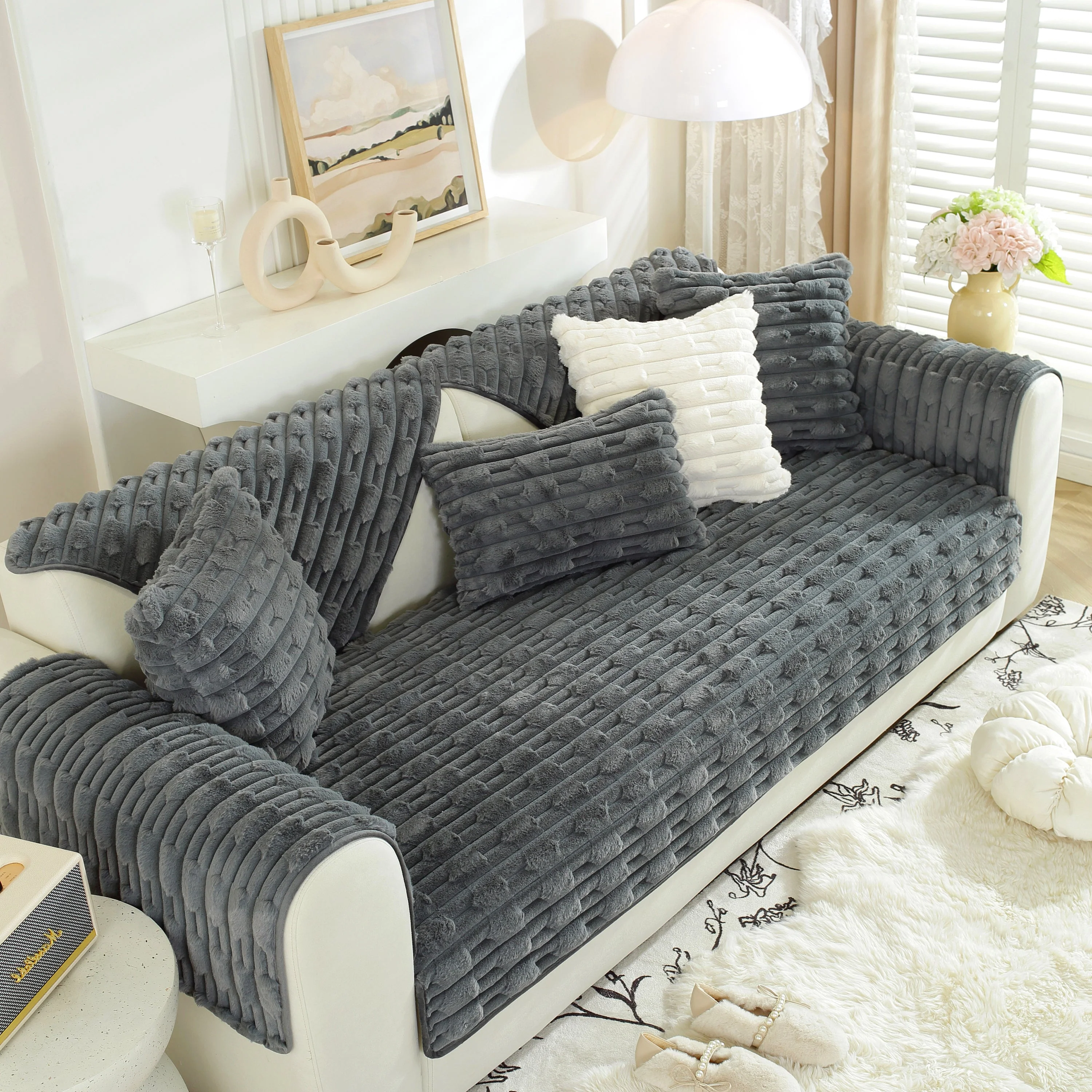 Bamboo-Style Sofa Towel, Faux Rabbit Fur Thickened Non-slip Seat Cushion Covers - Image 13