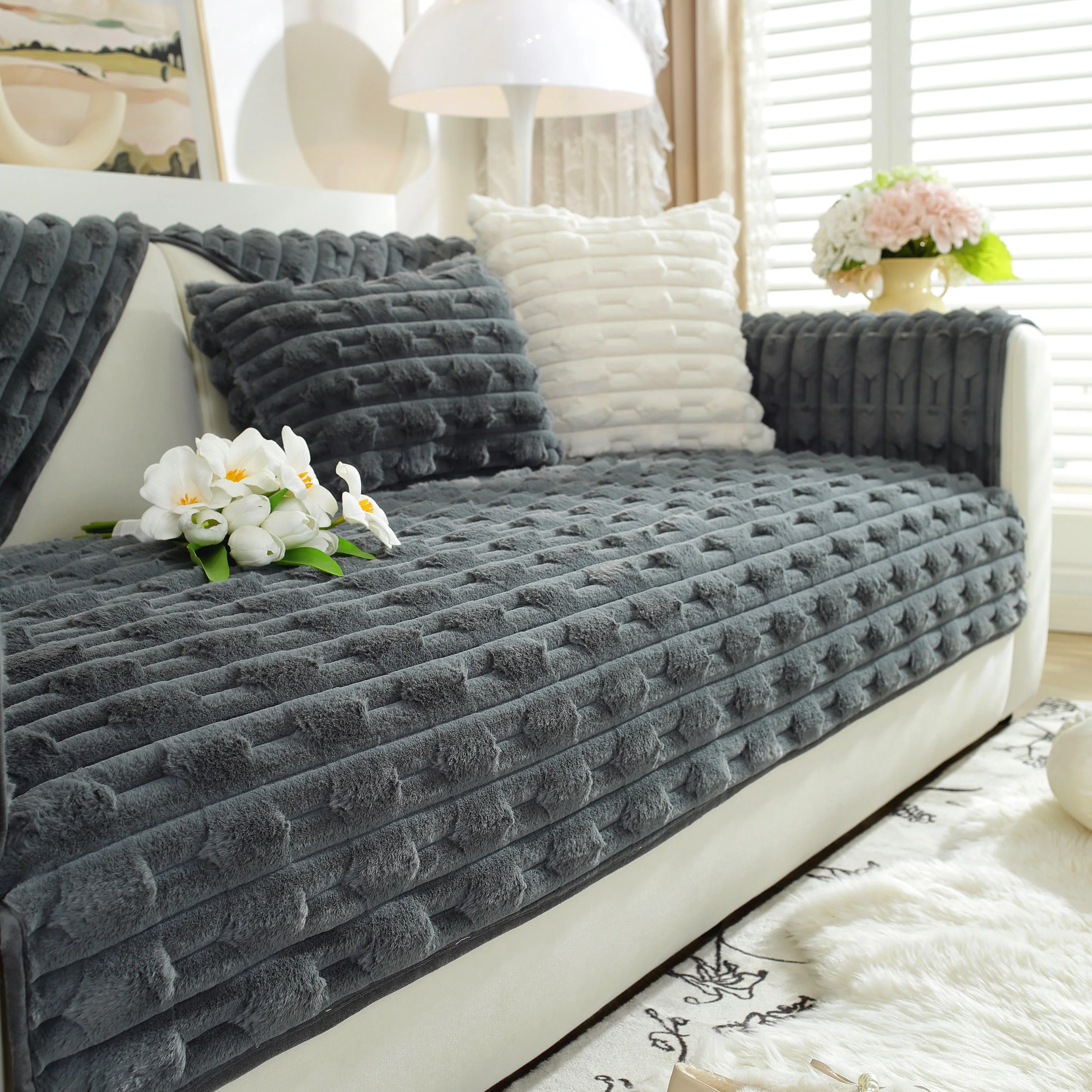 Bamboo-Style Sofa Towel, Faux Rabbit Fur Thickened Non-slip Seat Cushion Covers - Image 14