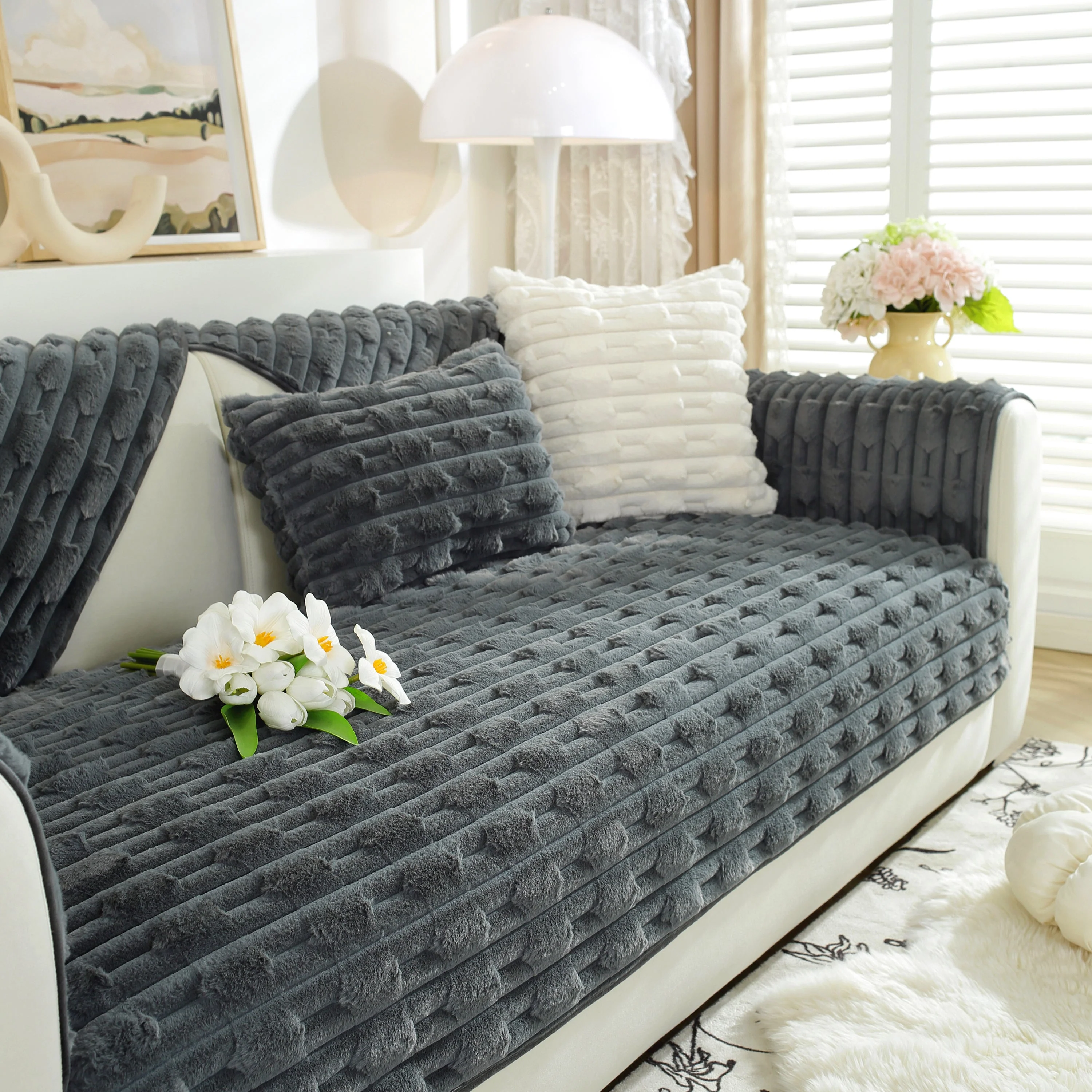 Bamboo-Style Sofa Towel, Faux Rabbit Fur Thickened Non-slip Seat Cushion Covers - Image 15