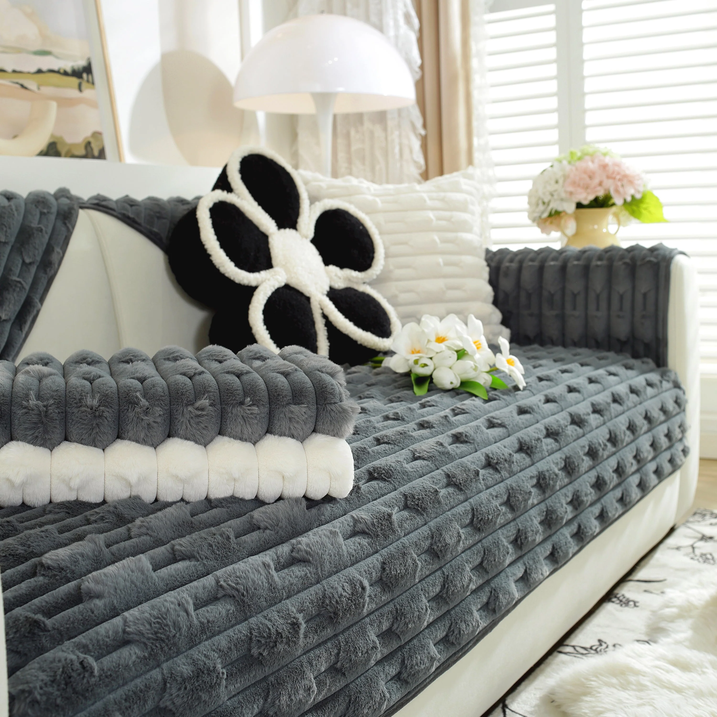 Bamboo-Style Sofa Towel, Faux Rabbit Fur Thickened Non-slip Seat Cushion Covers - Image 16
