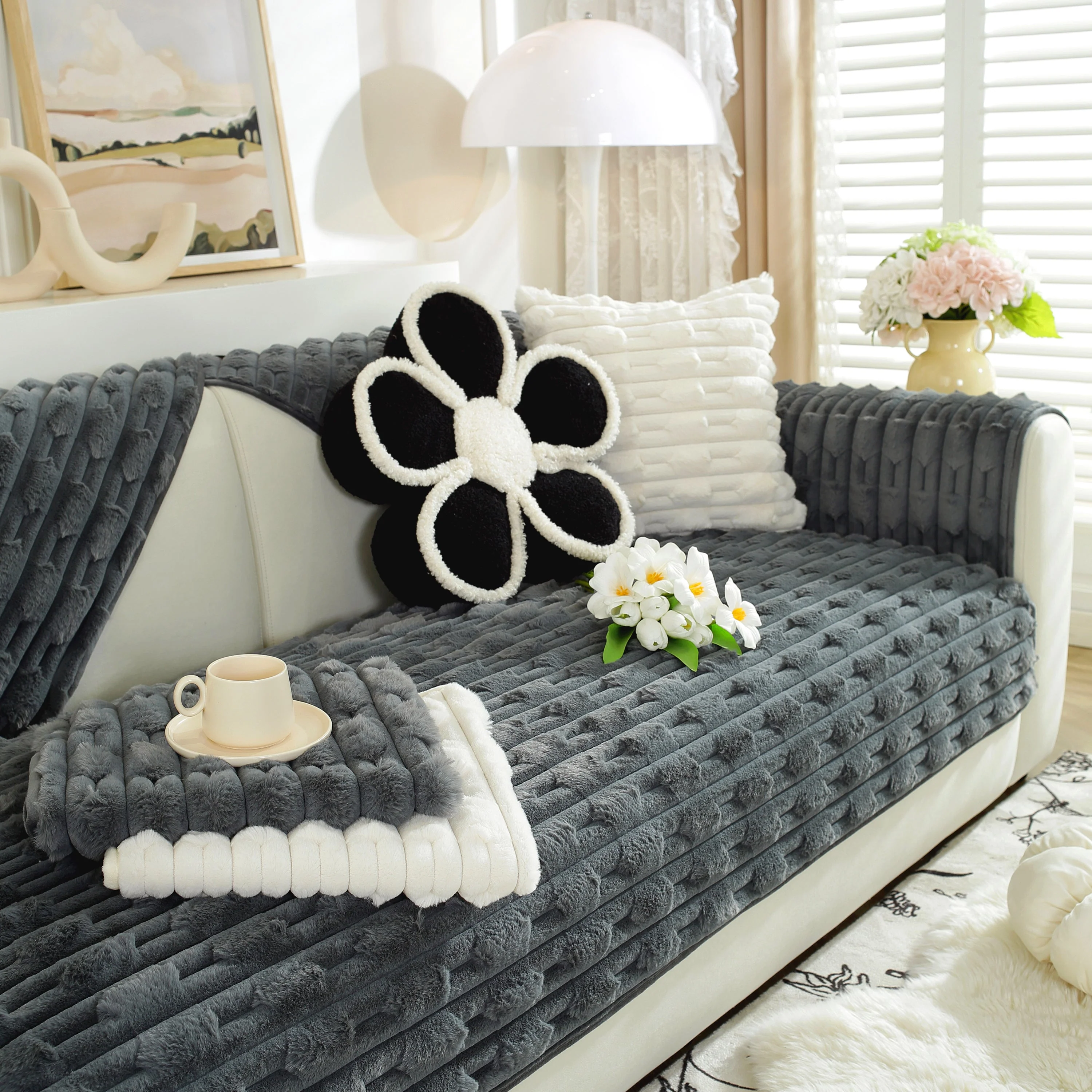 Bamboo-Style Sofa Towel, Faux Rabbit Fur Thickened Non-slip Seat Cushion Covers - Image 17