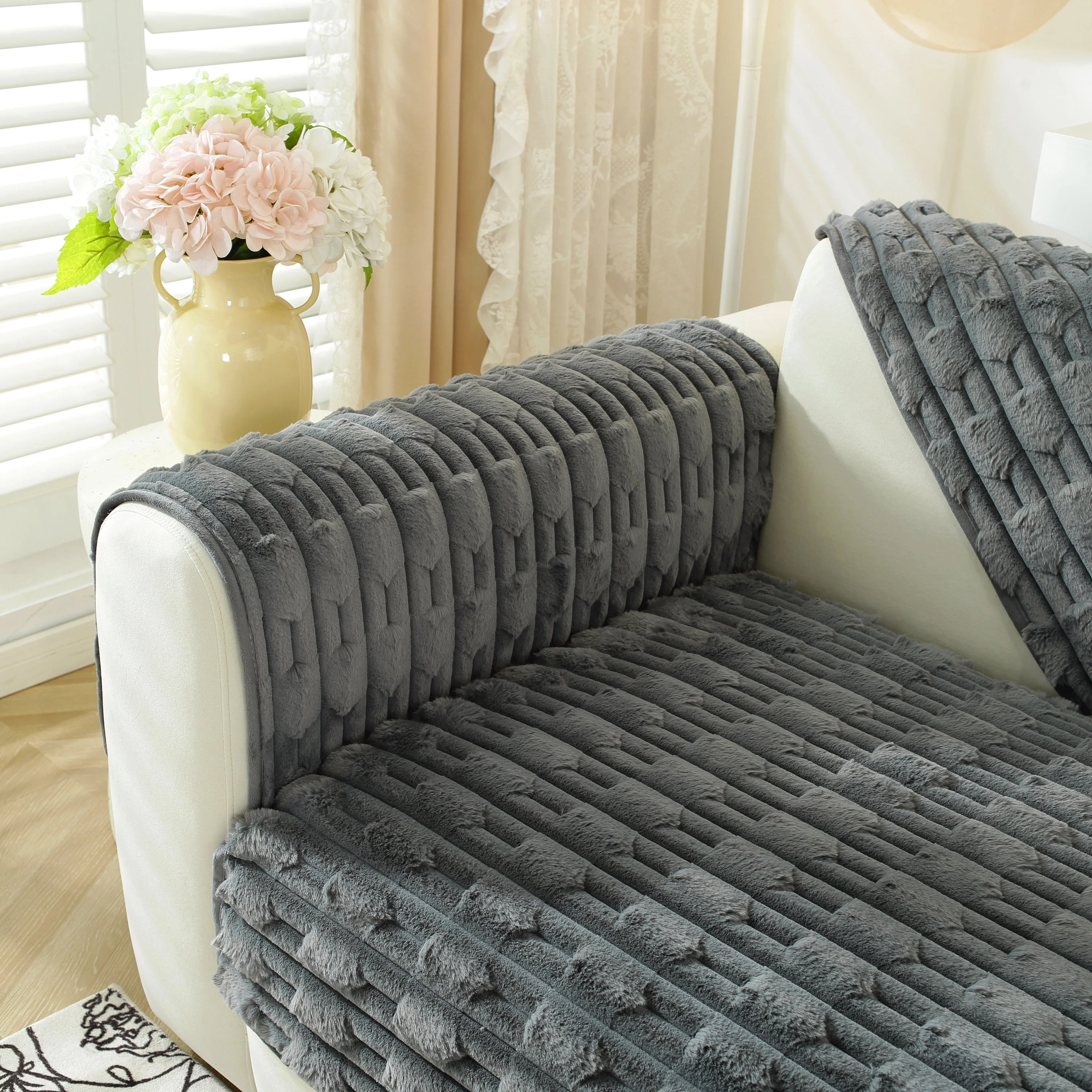 Bamboo-Style Sofa Towel, Faux Rabbit Fur Thickened Non-slip Seat Cushion Covers - Image 19