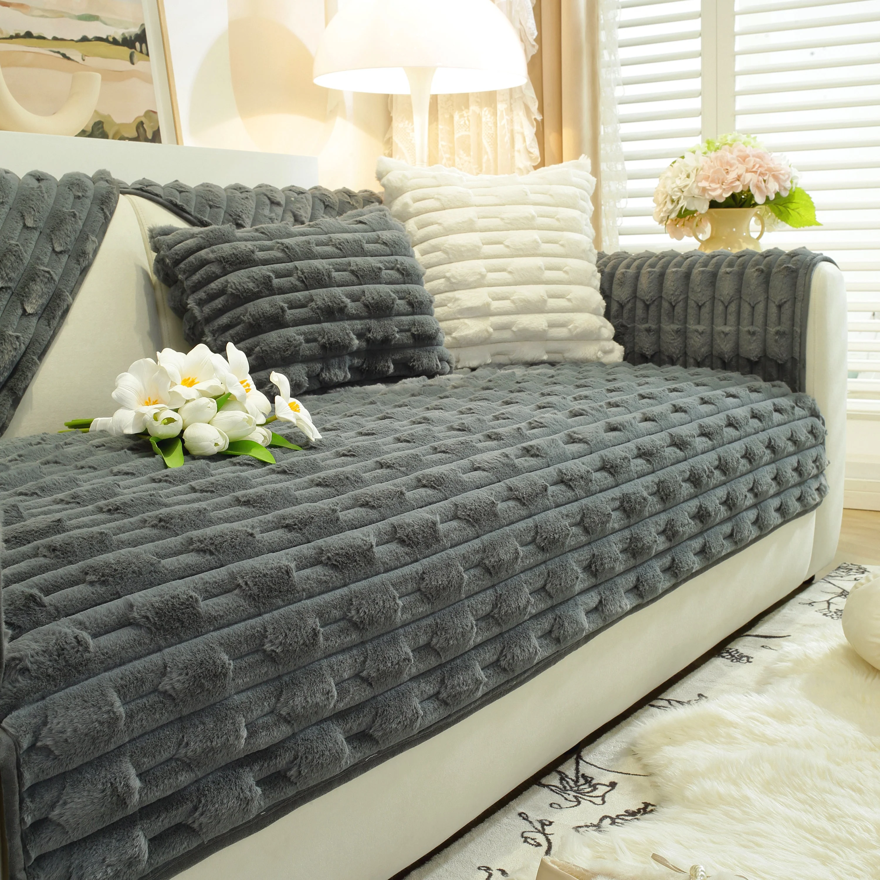Bamboo-Style Sofa Towel, Faux Rabbit Fur Thickened Non-slip Seat Cushion Covers - Image 2