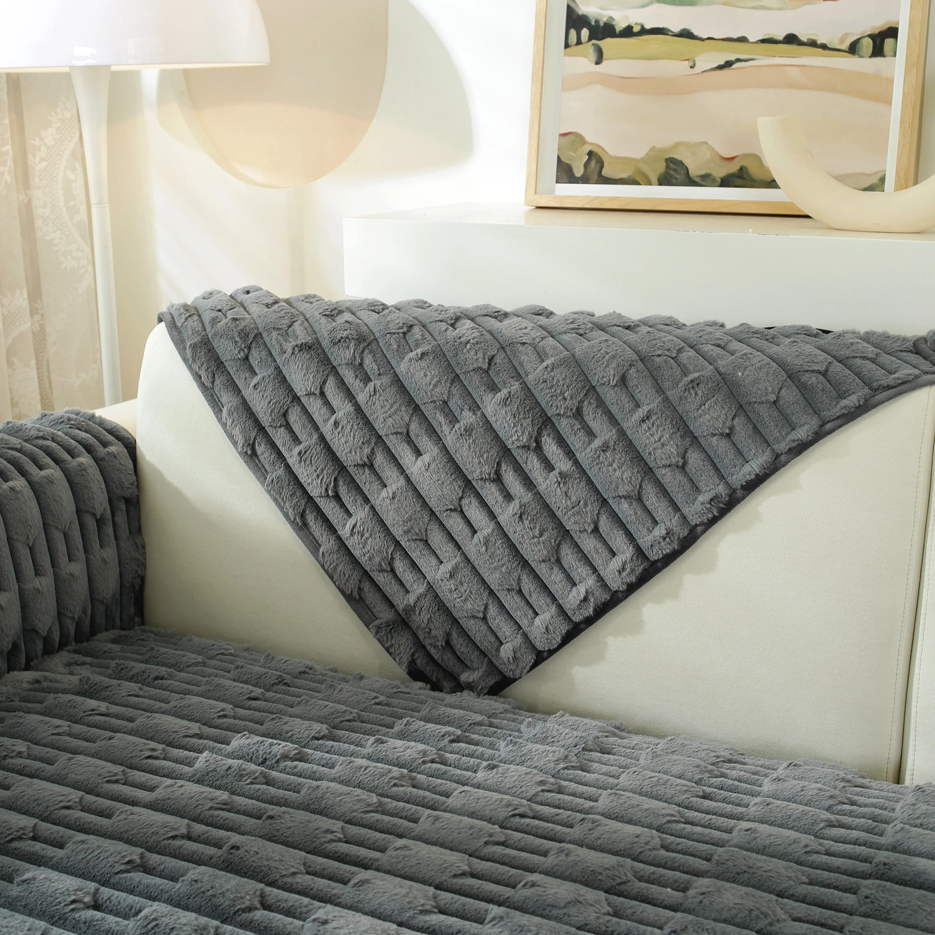 Bamboo-Style Sofa Towel, Faux Rabbit Fur Thickened Non-slip Seat Cushion Covers - Image 20
