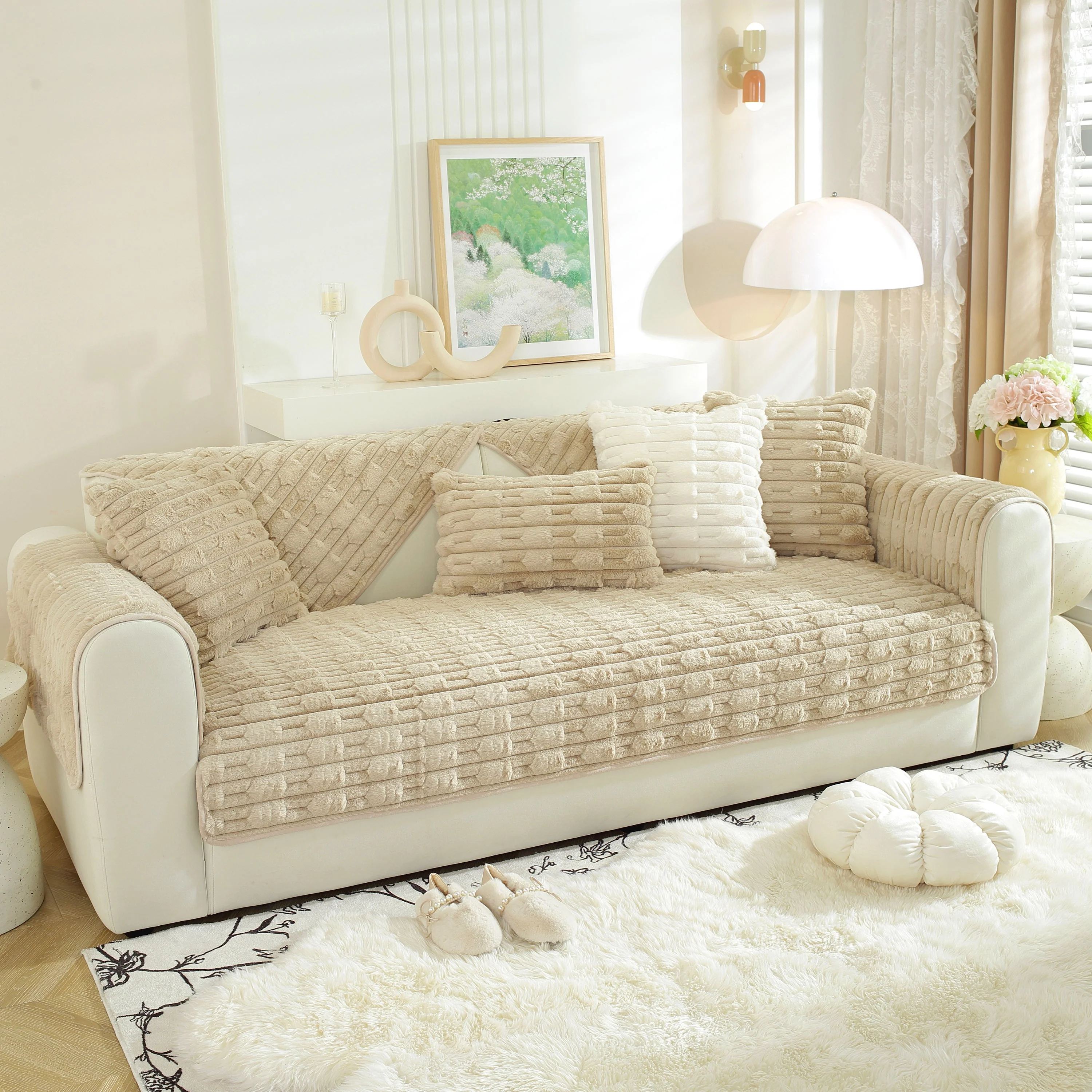 Bamboo-Style Sofa Towel, Faux Rabbit Fur Thickened Non-slip Seat Cushion Covers - Image 25