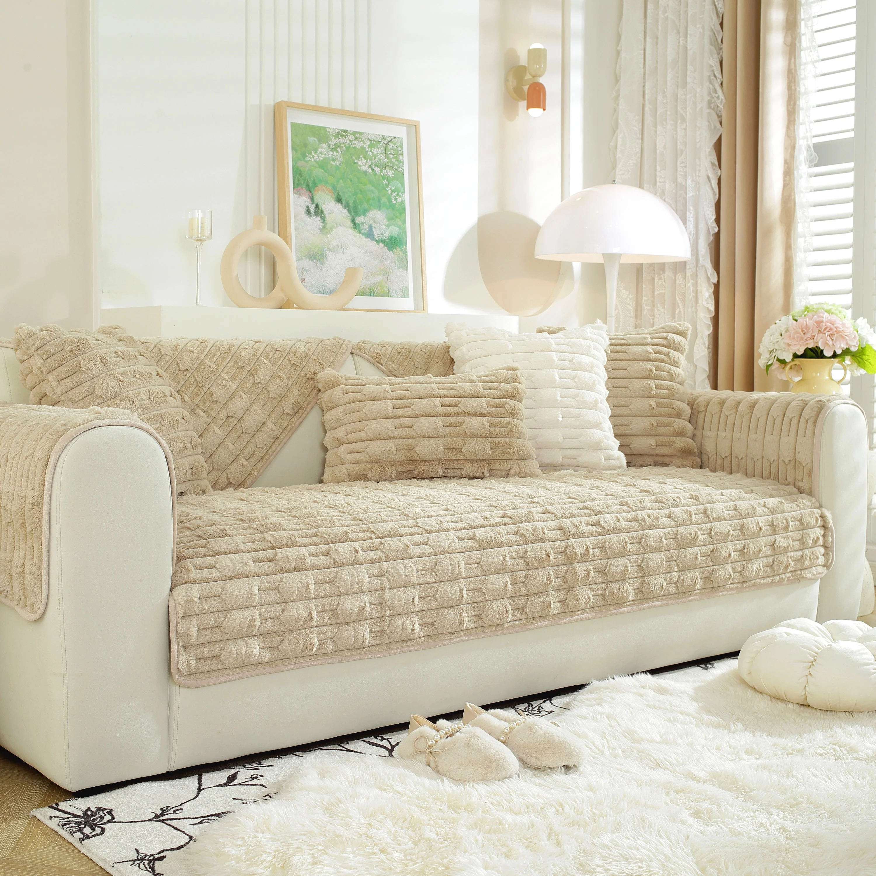 Bamboo-Style Sofa Towel, Faux Rabbit Fur Thickened Non-slip Seat Cushion Covers - Image 26