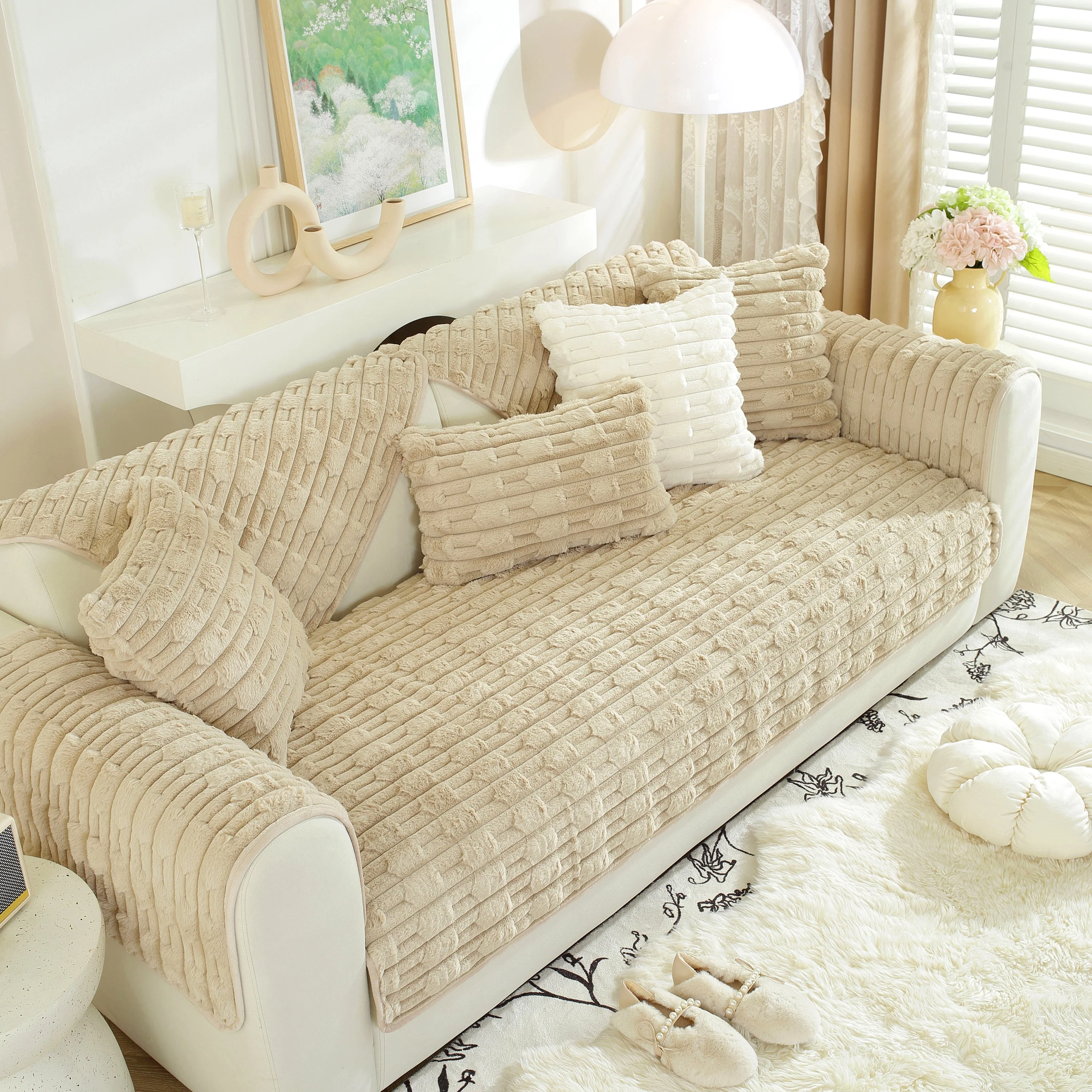 Bamboo-Style Sofa Towel, Faux Rabbit Fur Thickened Non-slip Seat Cushion Covers - Image 27