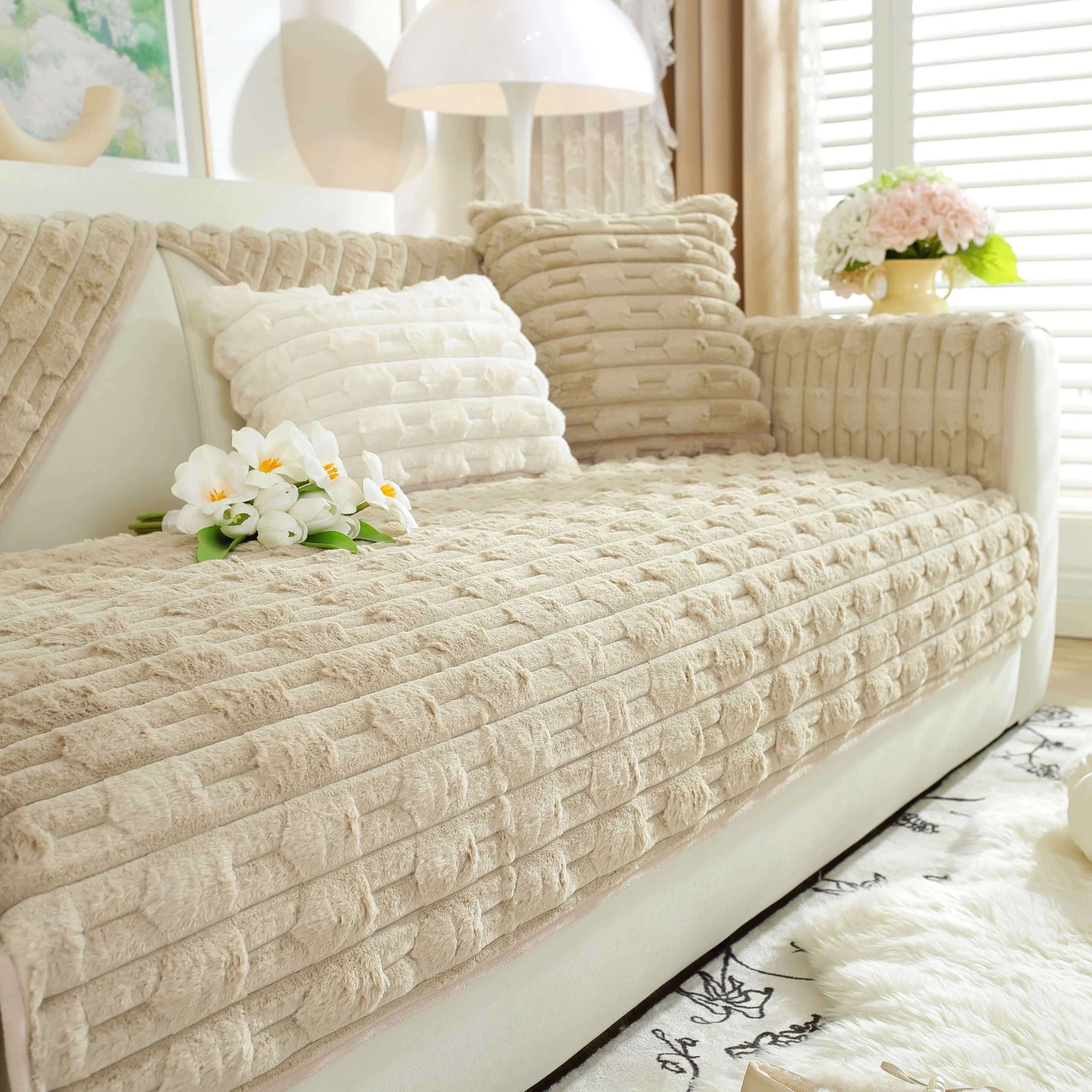 Bamboo-Style Sofa Towel, Faux Rabbit Fur Thickened Non-slip Seat Cushion Covers - Image 28