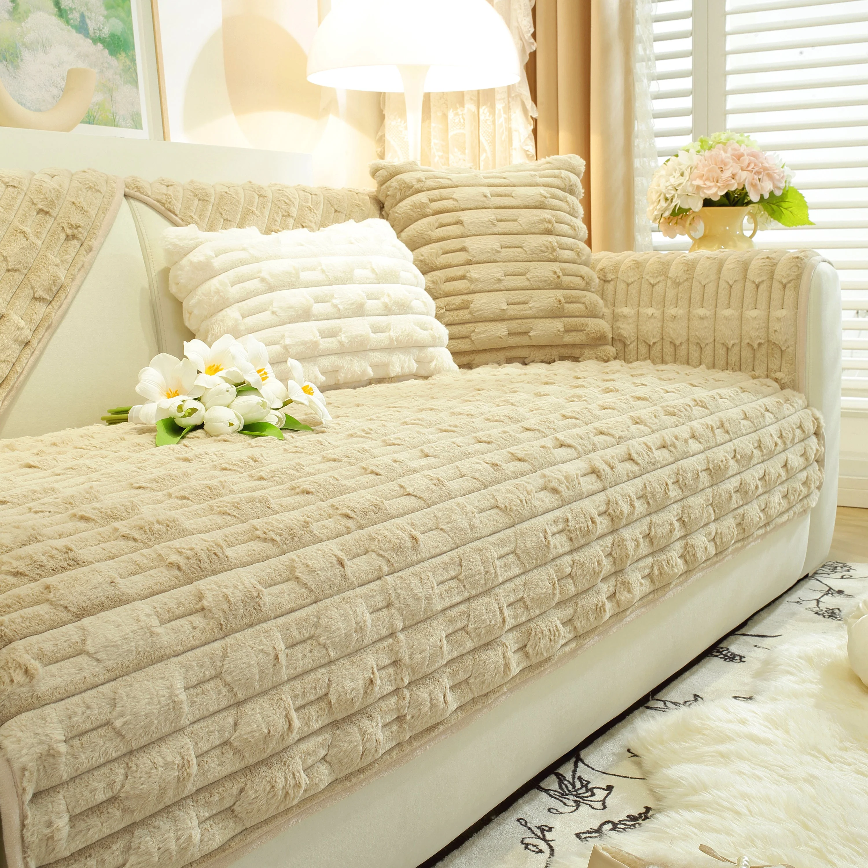 Bamboo-Style Sofa Towel, Faux Rabbit Fur Thickened Non-slip Seat Cushion Covers - Image 29