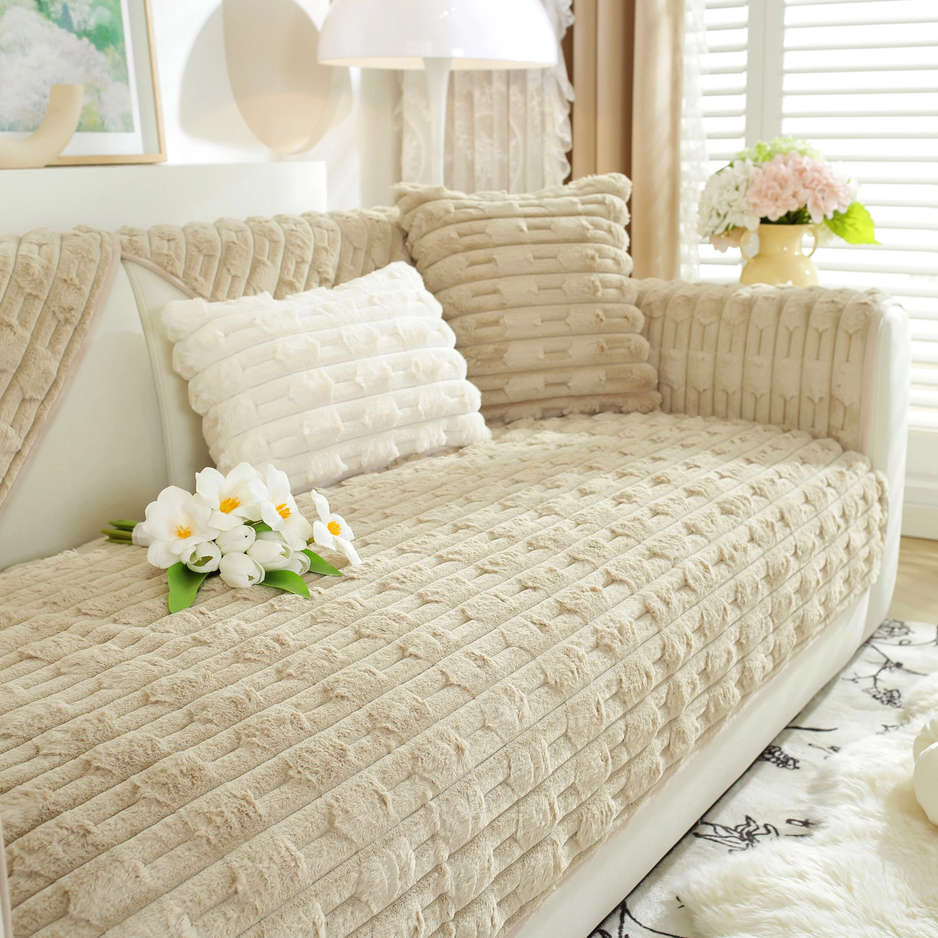 Bamboo-Style Sofa Towel, Faux Rabbit Fur Thickened Non-slip Seat Cushion Covers - Image 30