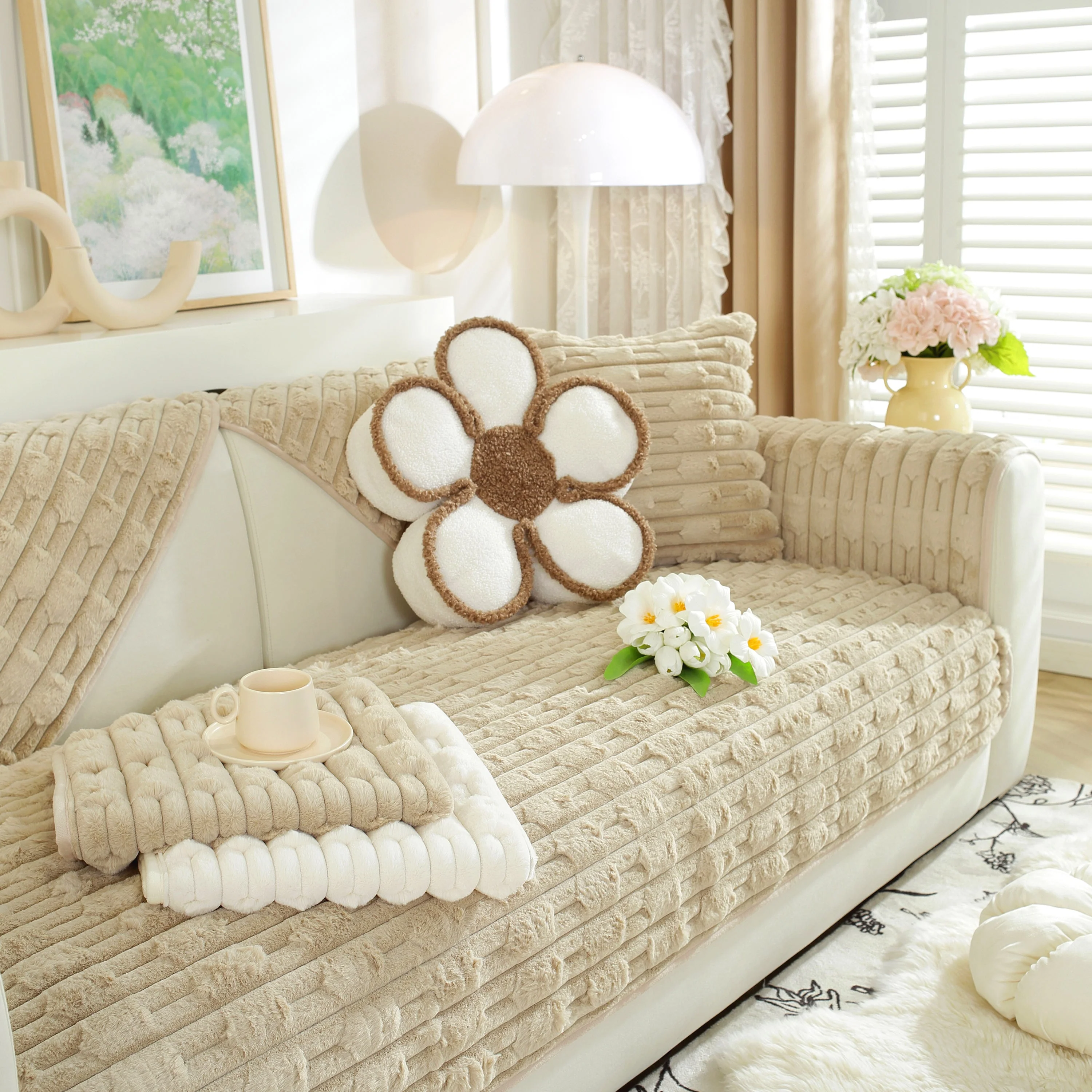 Bamboo-Style Sofa Towel, Faux Rabbit Fur Thickened Non-slip Seat Cushion Covers - Image 33