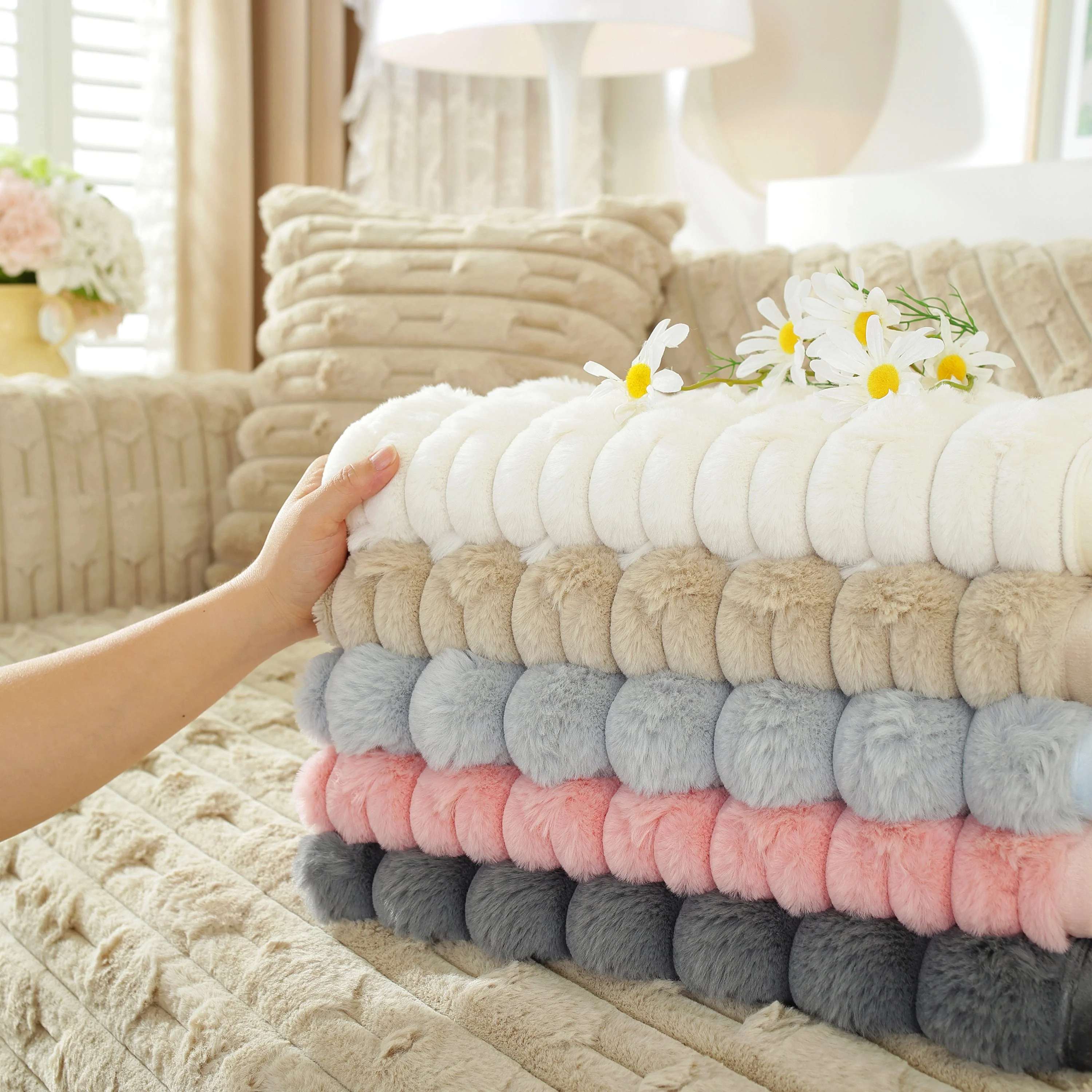 Bamboo-Style Sofa Towel, Faux Rabbit Fur Thickened Non-slip Seat Cushion Covers - Image 35