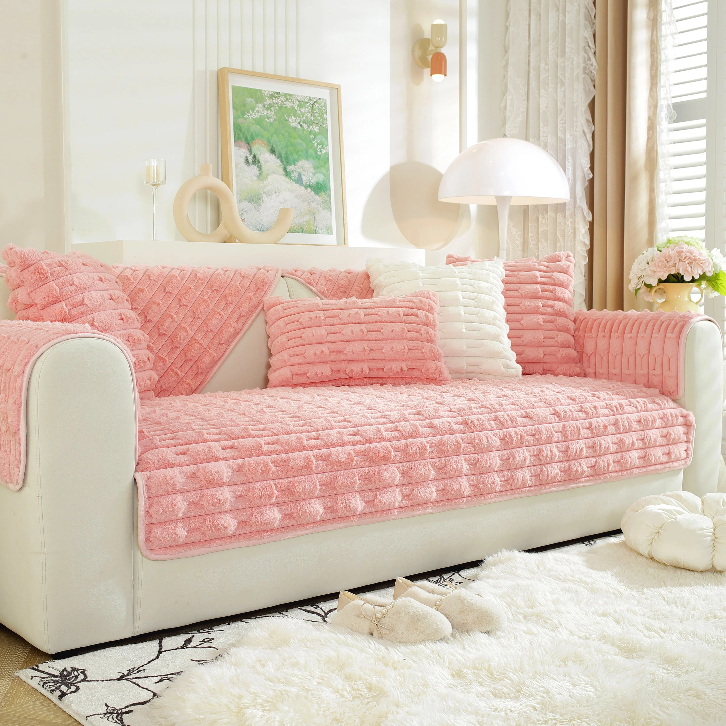 Bamboo-Style Sofa Towel, Faux Rabbit Fur Thickened Non-slip Seat Cushion Covers - Image 43
