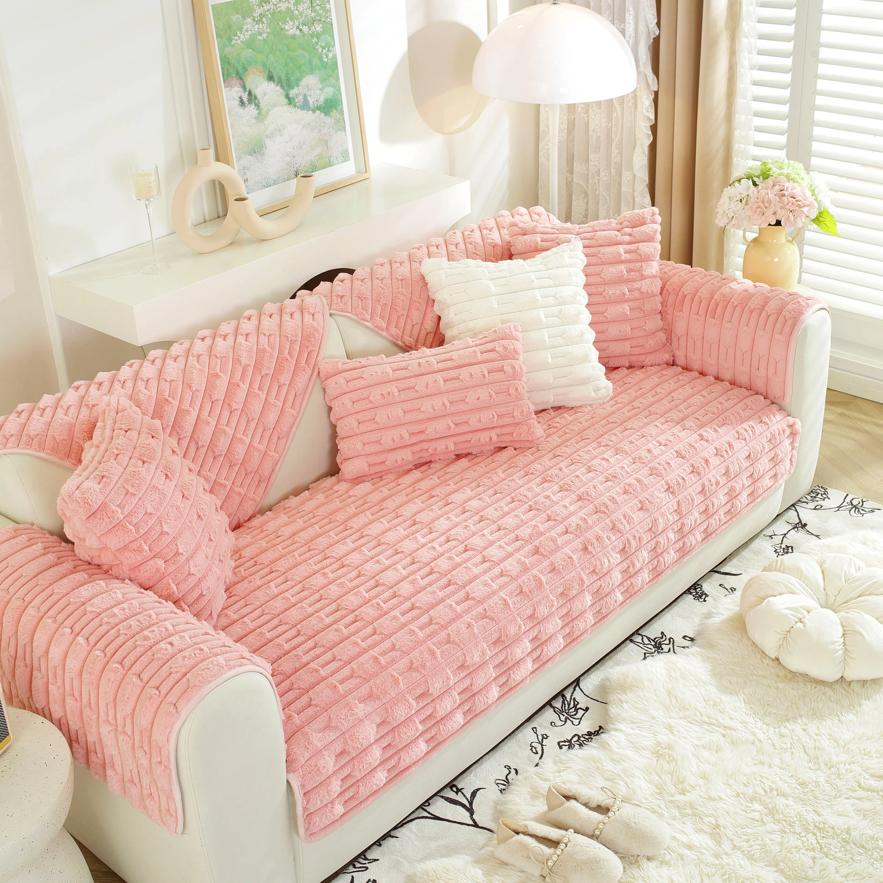 Bamboo-Style Sofa Towel, Faux Rabbit Fur Thickened Non-slip Seat Cushion Covers - Image 44