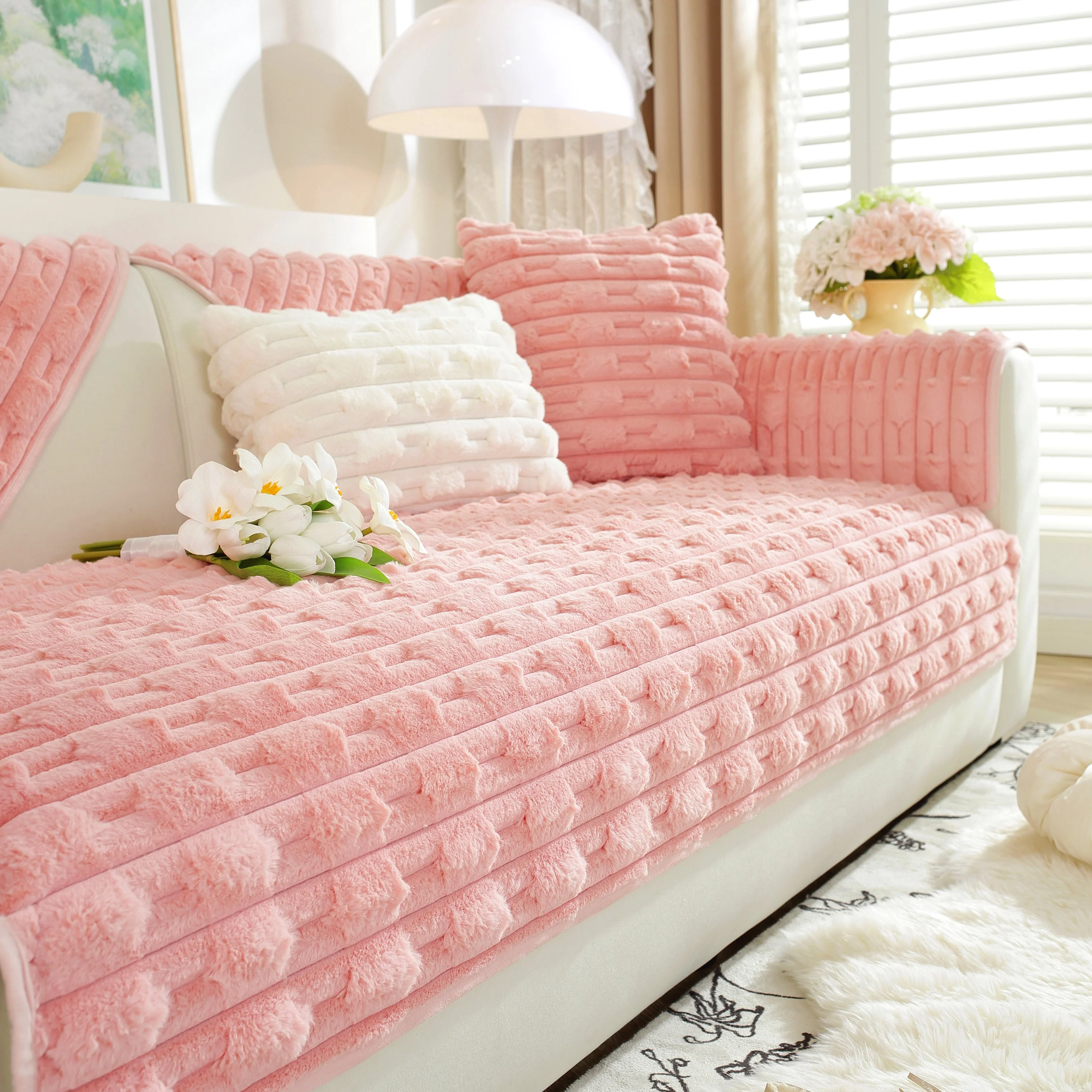 Bamboo-Style Sofa Towel, Faux Rabbit Fur Thickened Non-slip Seat Cushion Covers - Image 45