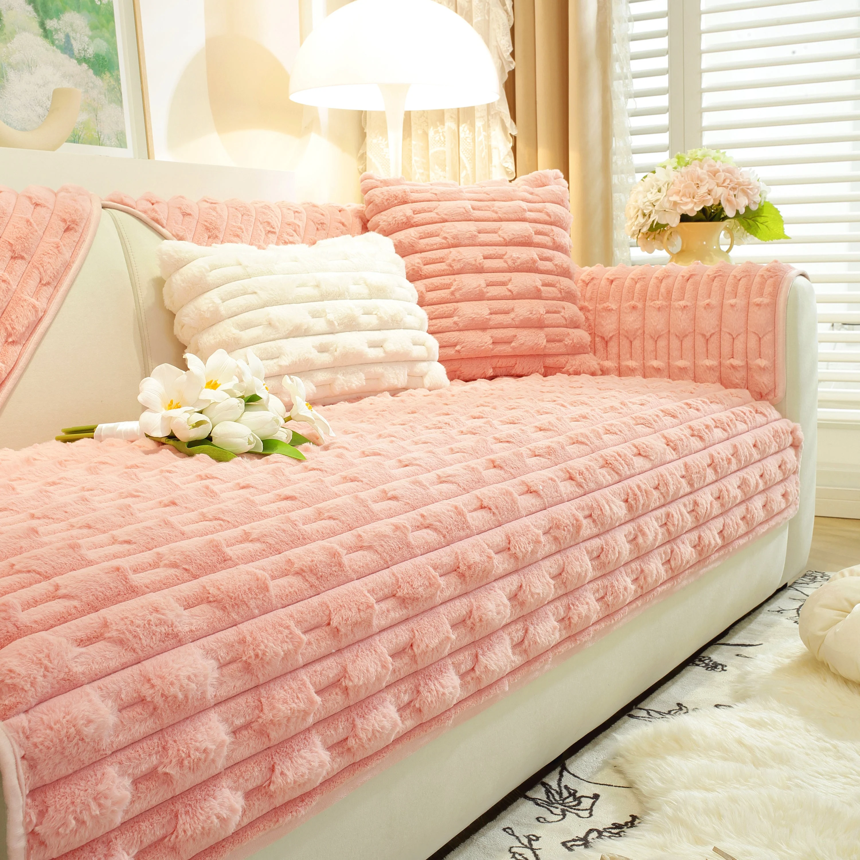 Bamboo-Style Sofa Towel, Faux Rabbit Fur Thickened Non-slip Seat Cushion Covers - Image 46