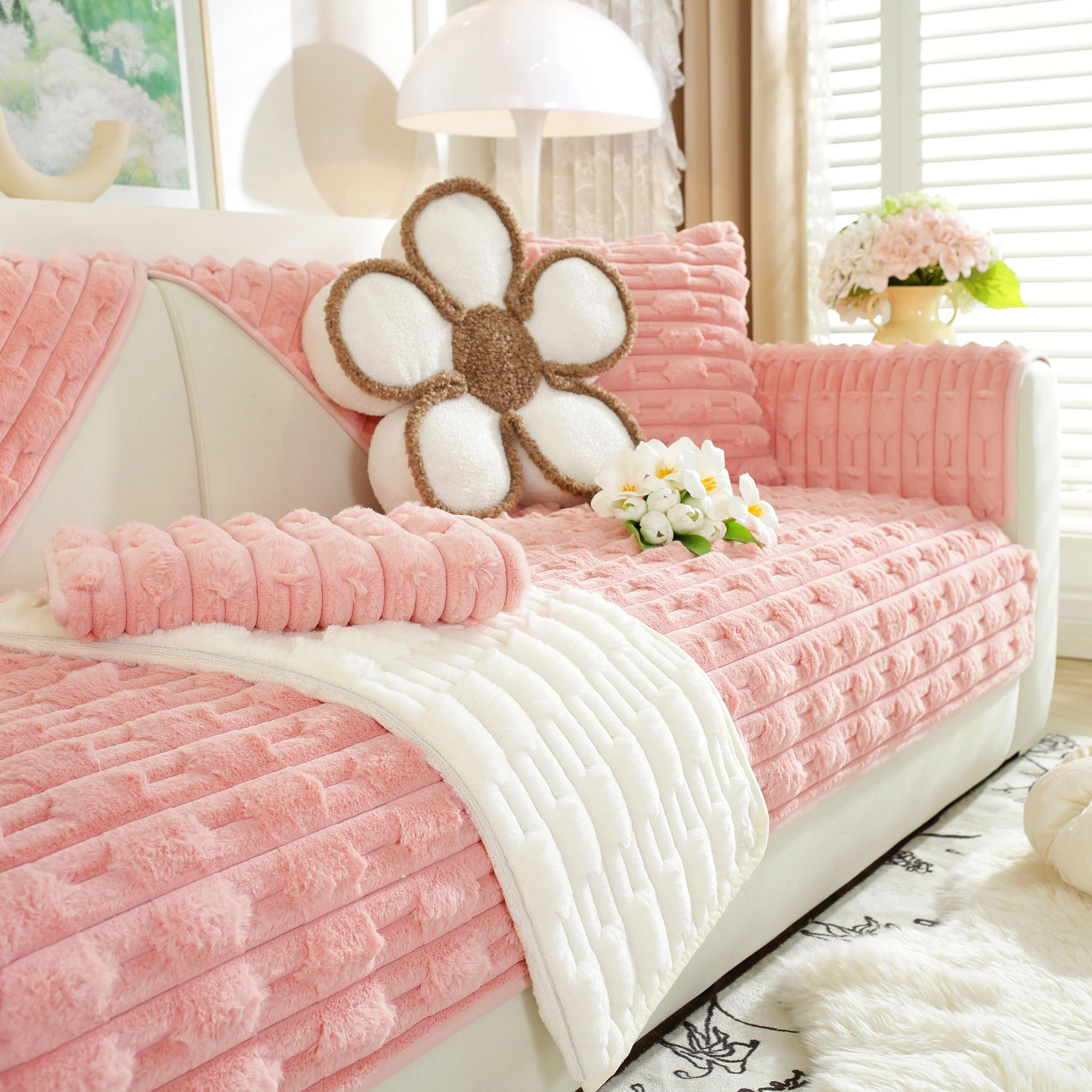Bamboo-Style Sofa Towel, Faux Rabbit Fur Thickened Non-slip Seat Cushion Covers - Image 49
