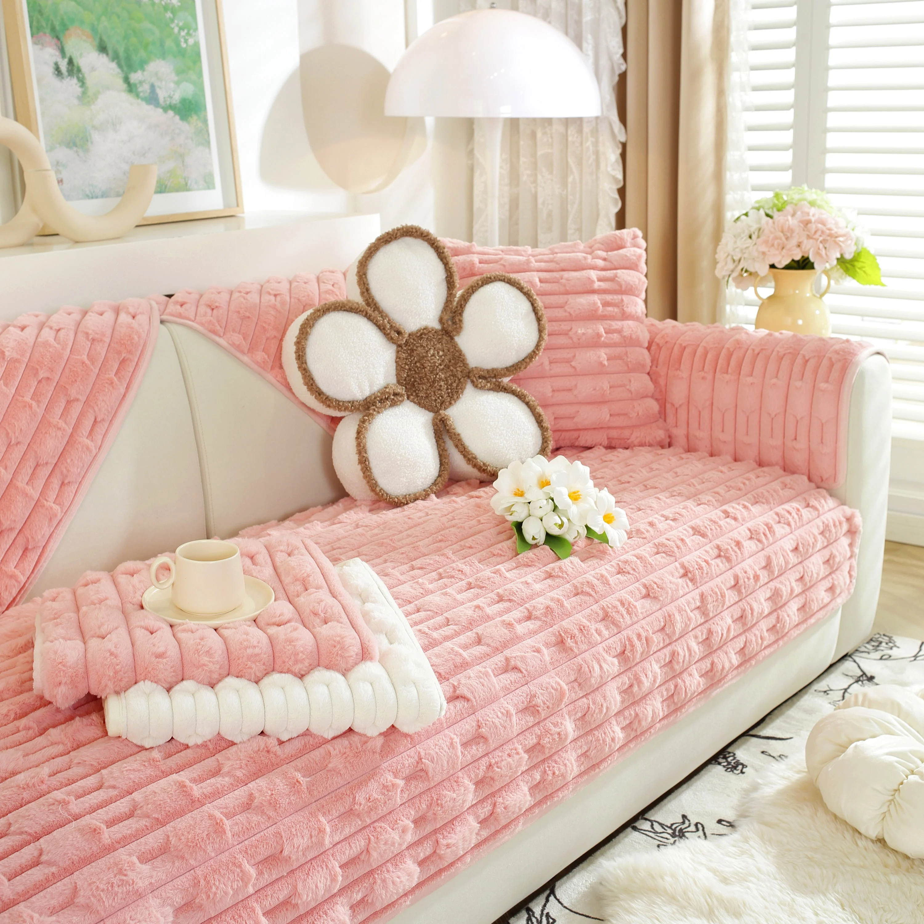 Bamboo-Style Sofa Towel, Faux Rabbit Fur Thickened Non-slip Seat Cushion Covers - Image 50