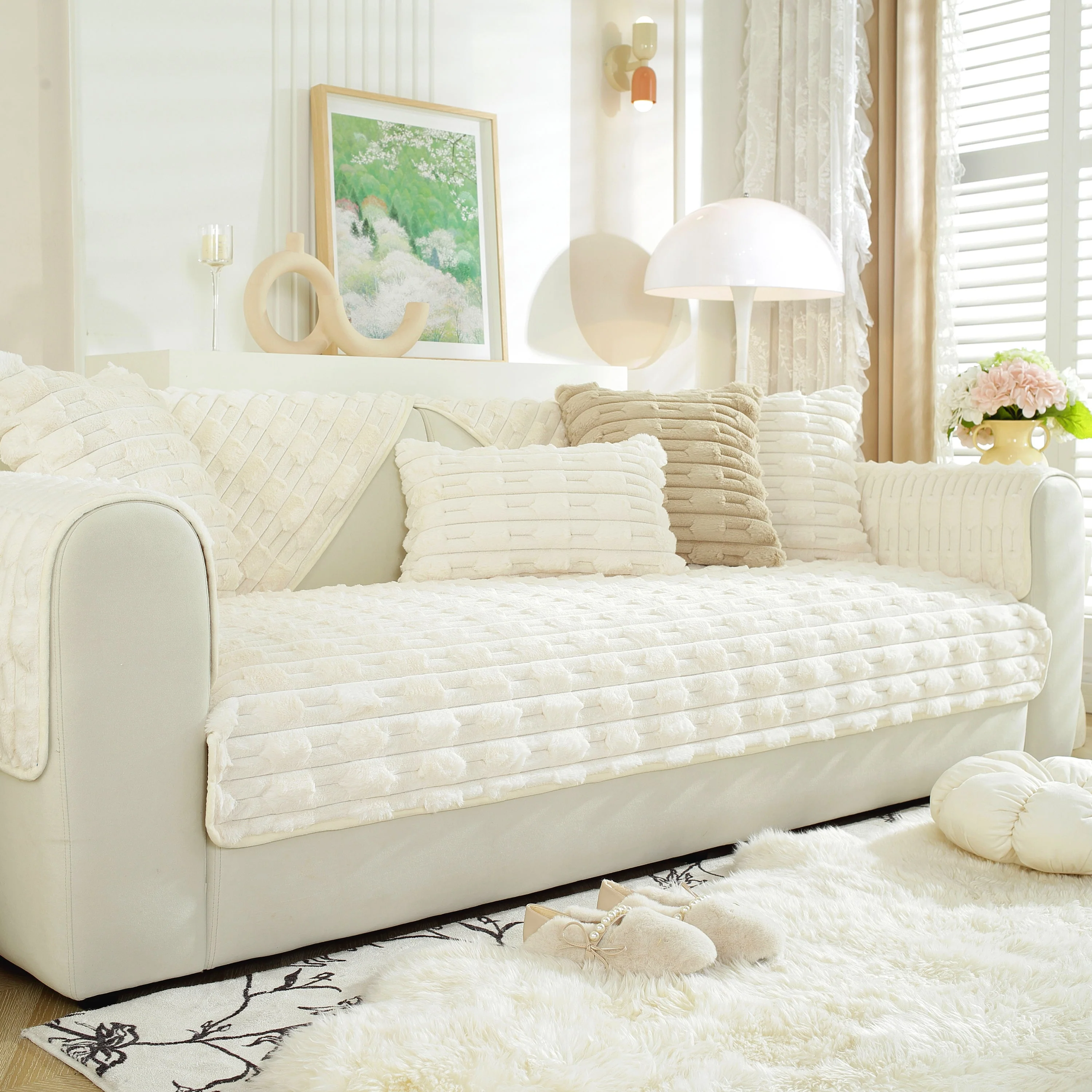 Bamboo-Style Sofa Towel, Faux Rabbit Fur Thickened Non-slip Seat Cushion Covers - Image 59