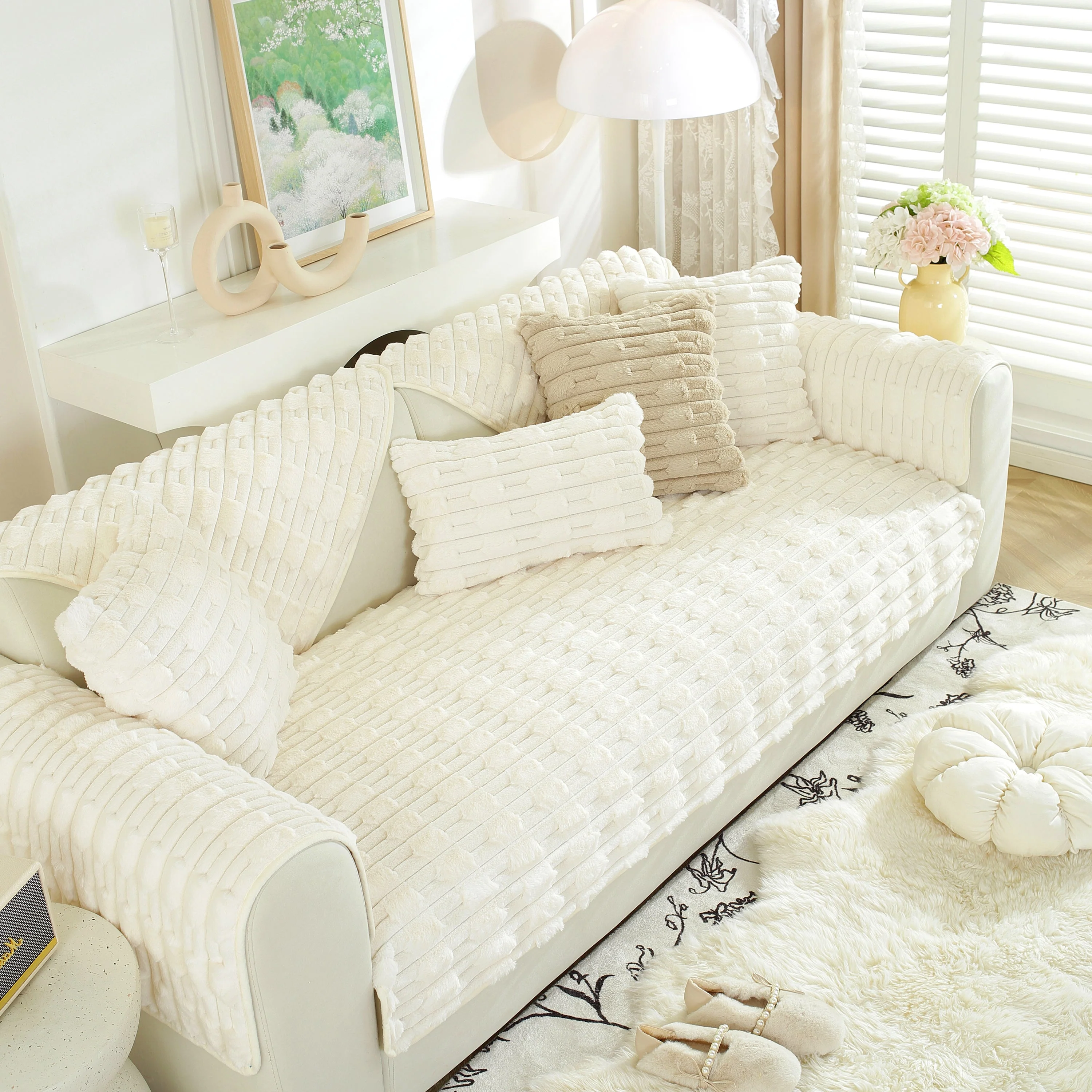 Bamboo-Style Sofa Towel, Faux Rabbit Fur Thickened Non-slip Seat Cushion Covers - Image 60