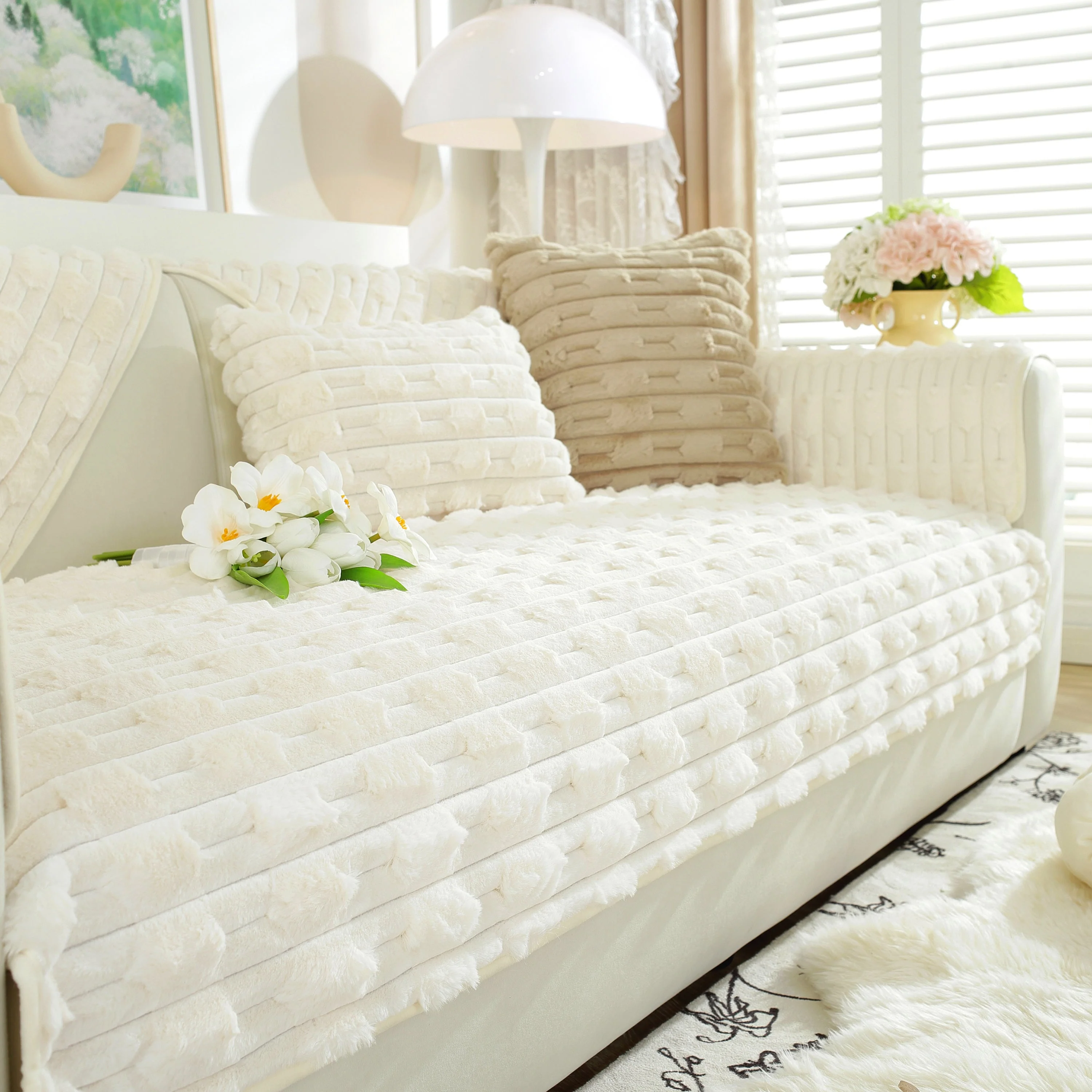 Bamboo-Style Sofa Towel, Faux Rabbit Fur Thickened Non-slip Seat Cushion Covers - Image 61