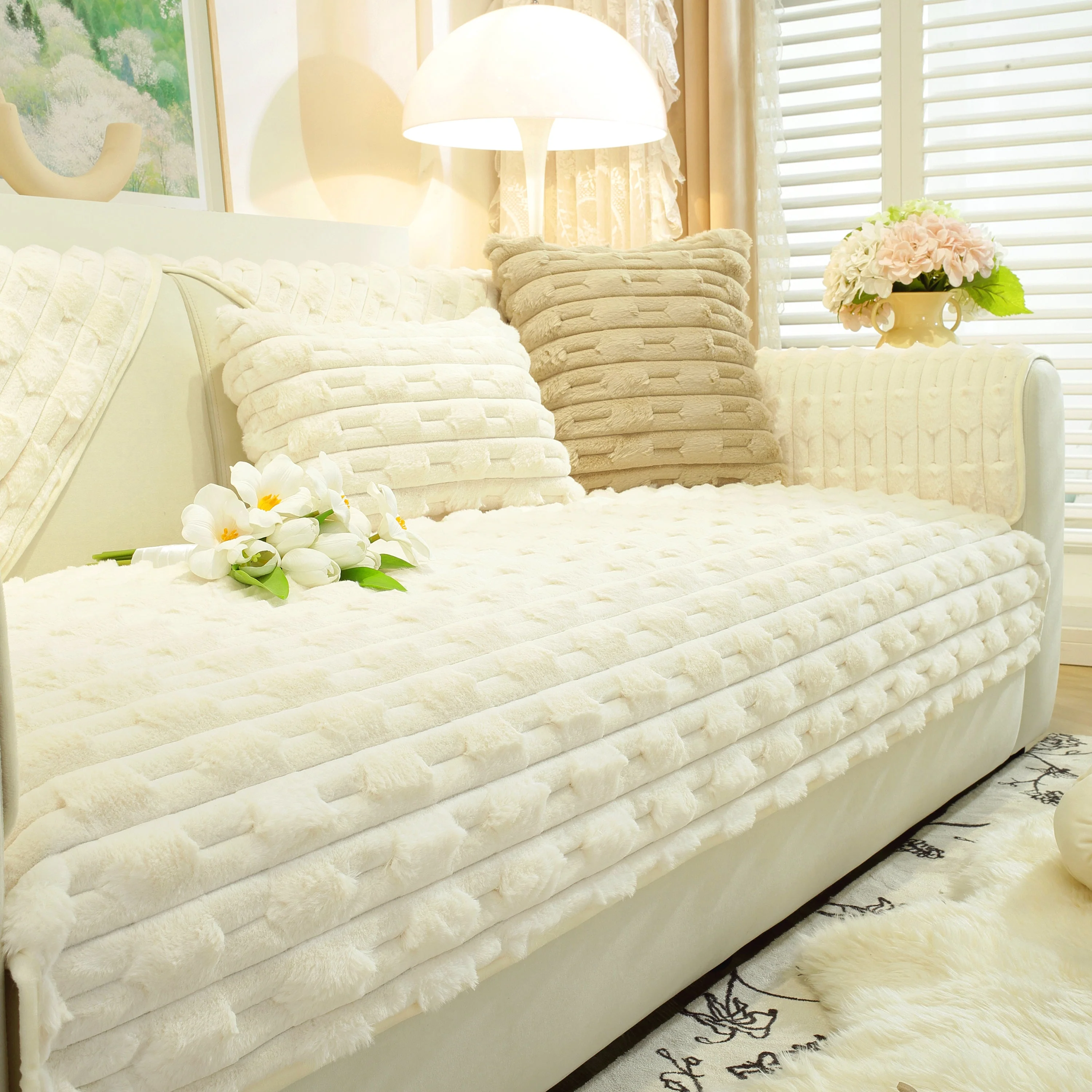 Bamboo-Style Sofa Towel, Faux Rabbit Fur Thickened Non-slip Seat Cushion Covers - Image 62