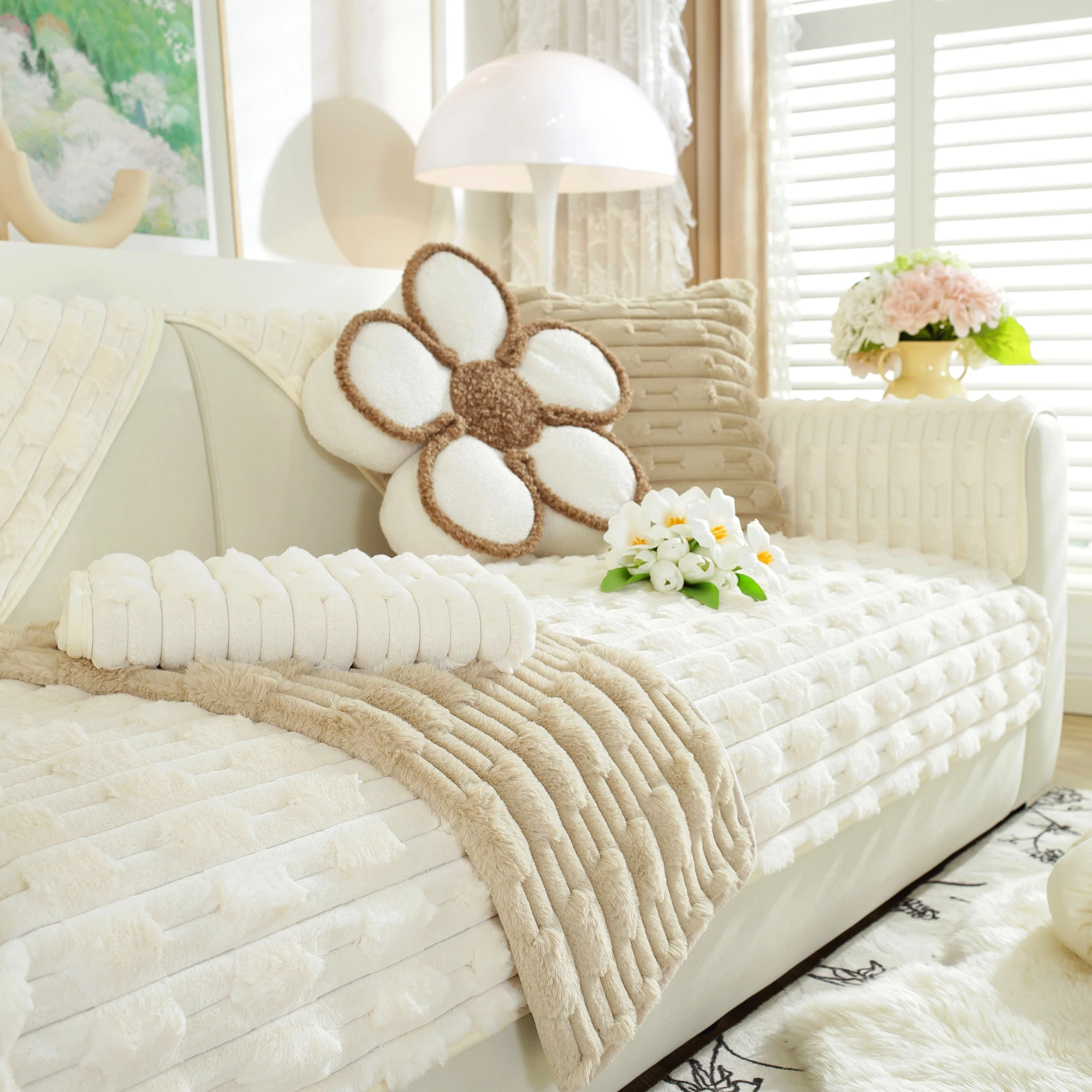 Bamboo-Style Sofa Towel, Faux Rabbit Fur Thickened Non-slip Seat Cushion Covers - Image 65