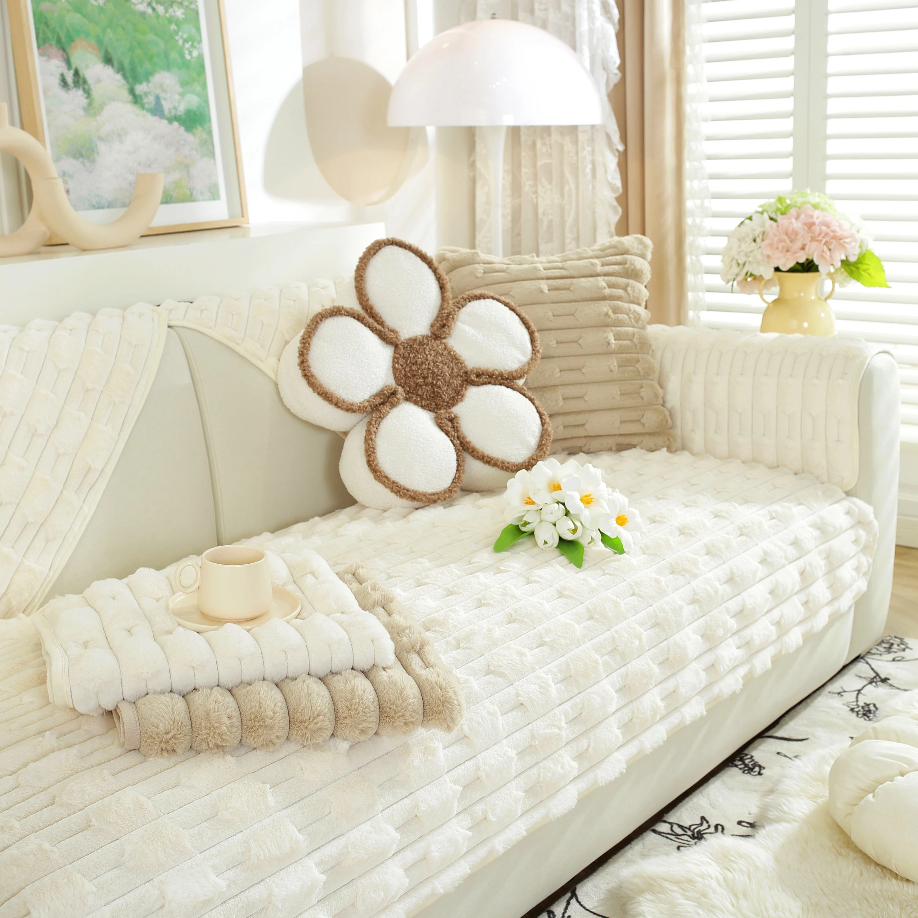 Bamboo-Style Sofa Towel, Faux Rabbit Fur Thickened Non-slip Seat Cushion Covers - Image 66