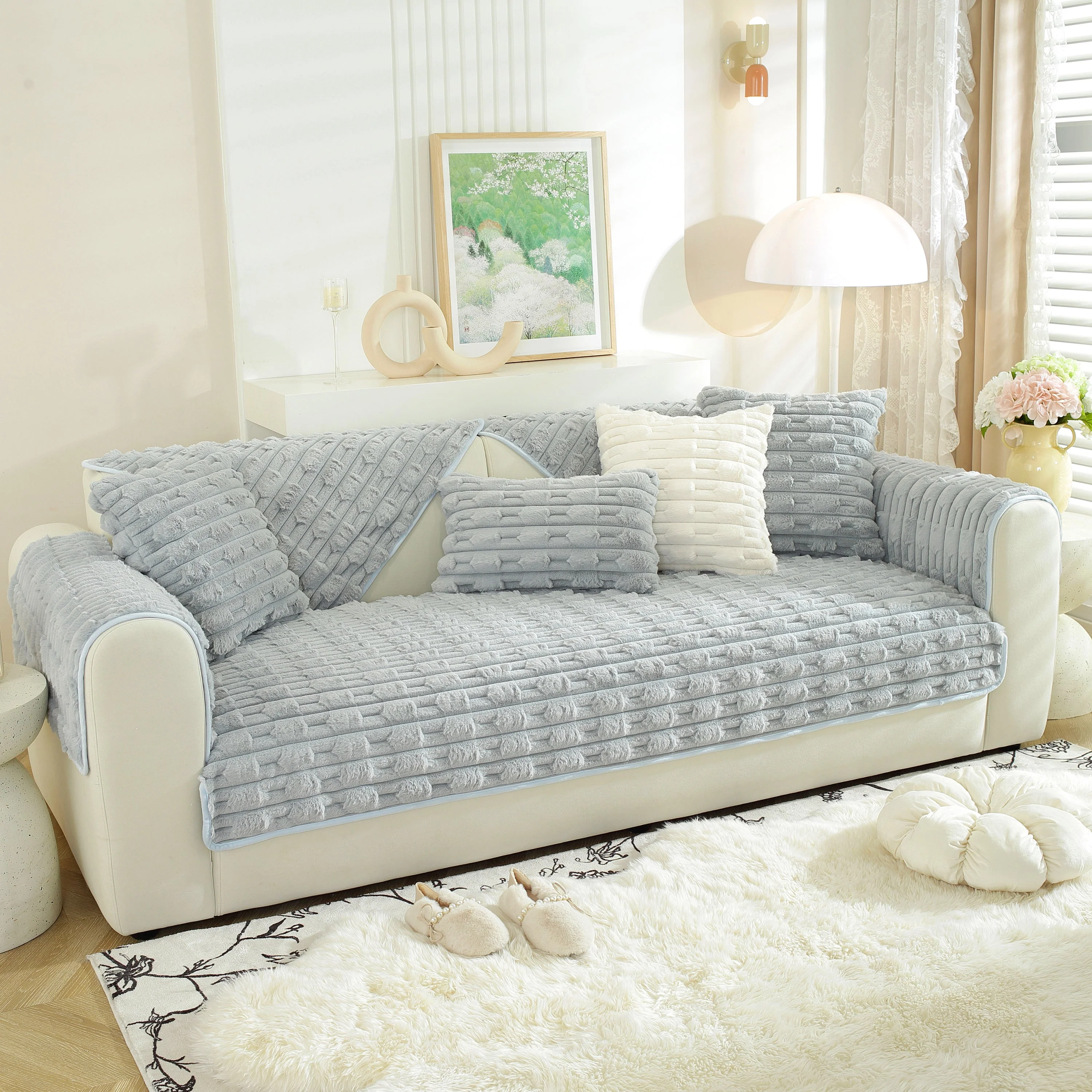Bamboo-Style Sofa Towel, Faux Rabbit Fur Thickened Non-slip Seat Cushion Covers - Image 74