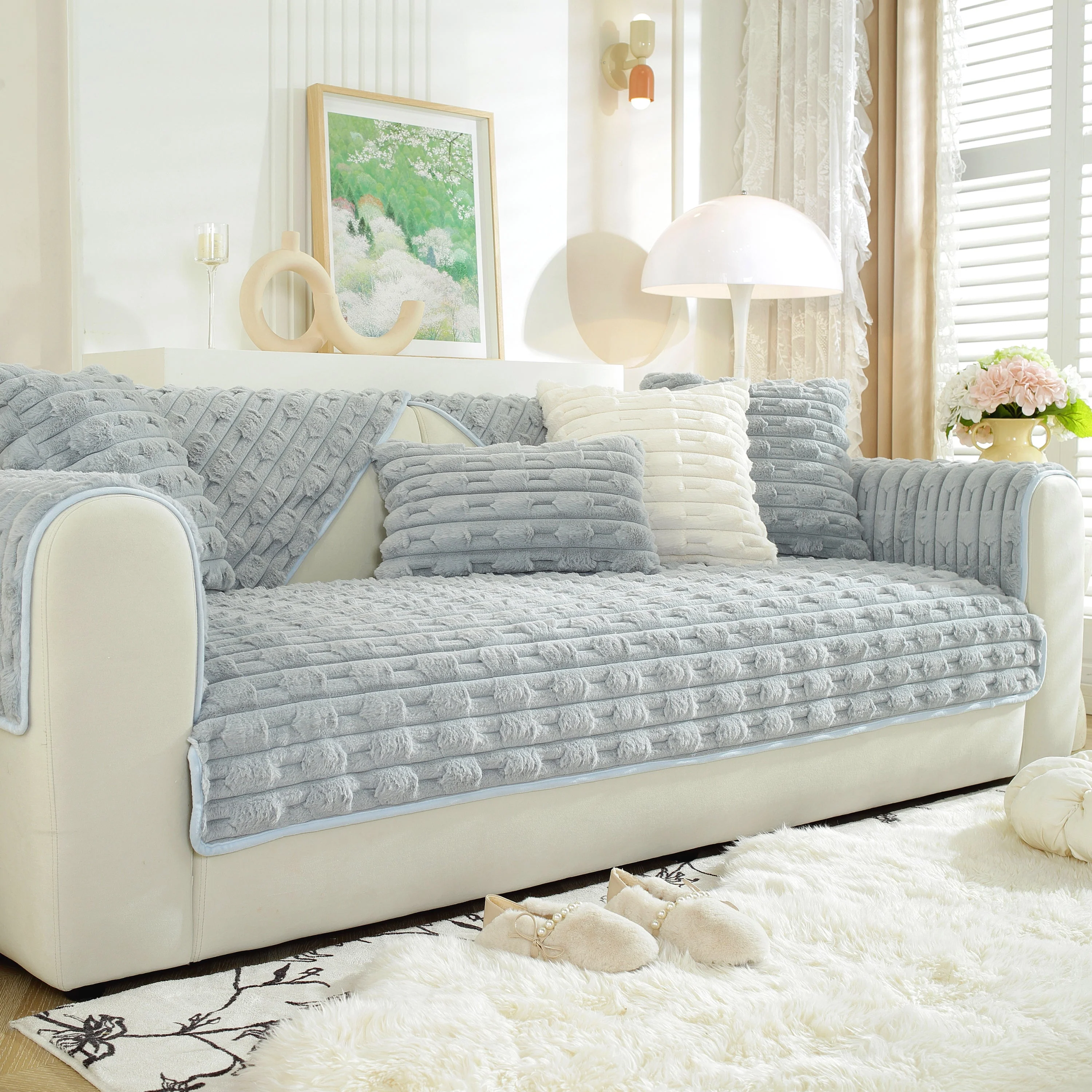 Bamboo-Style Sofa Towel, Faux Rabbit Fur Thickened Non-slip Seat Cushion Covers - Image 75