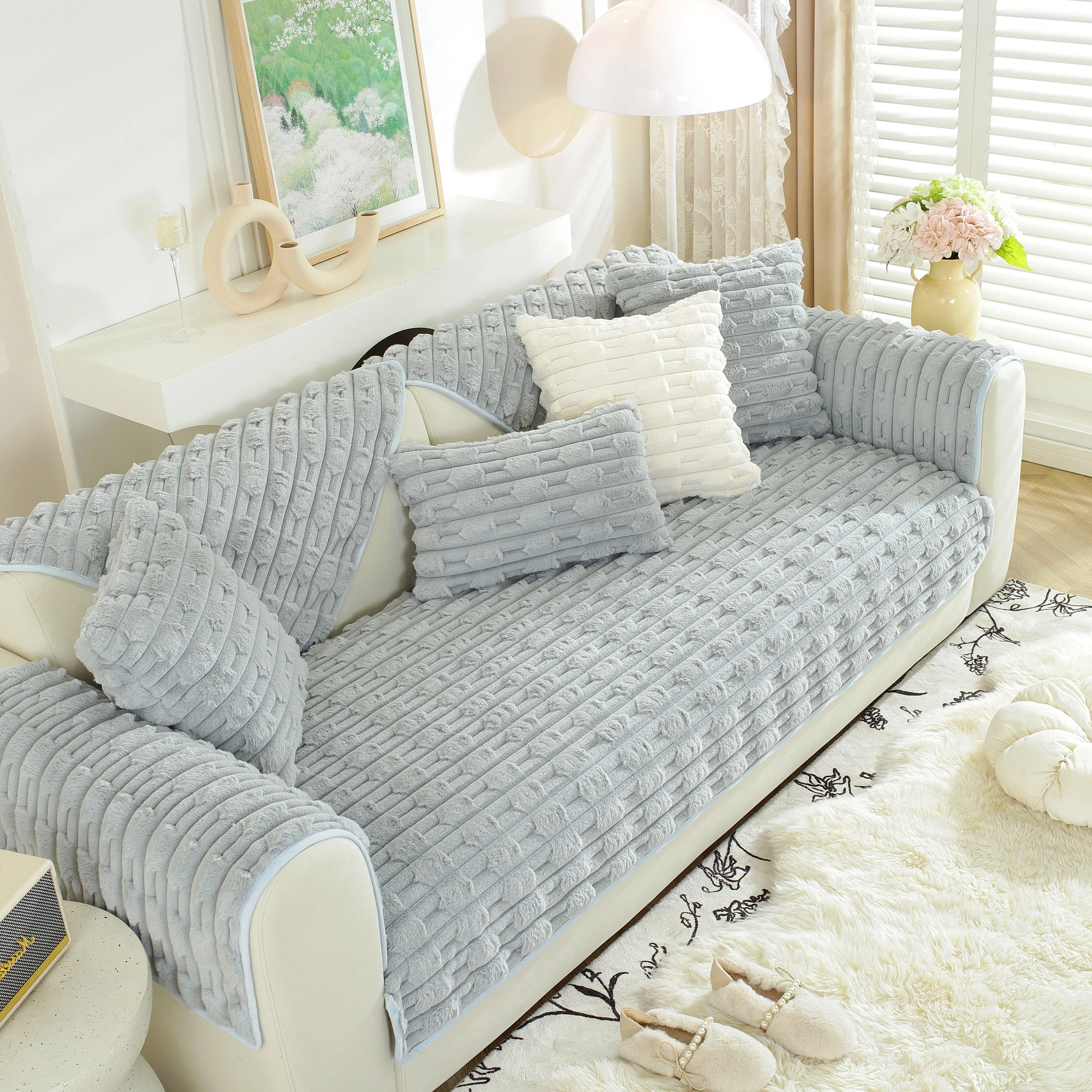 Bamboo-Style Sofa Towel, Faux Rabbit Fur Thickened Non-slip Seat Cushion Covers - Image 76