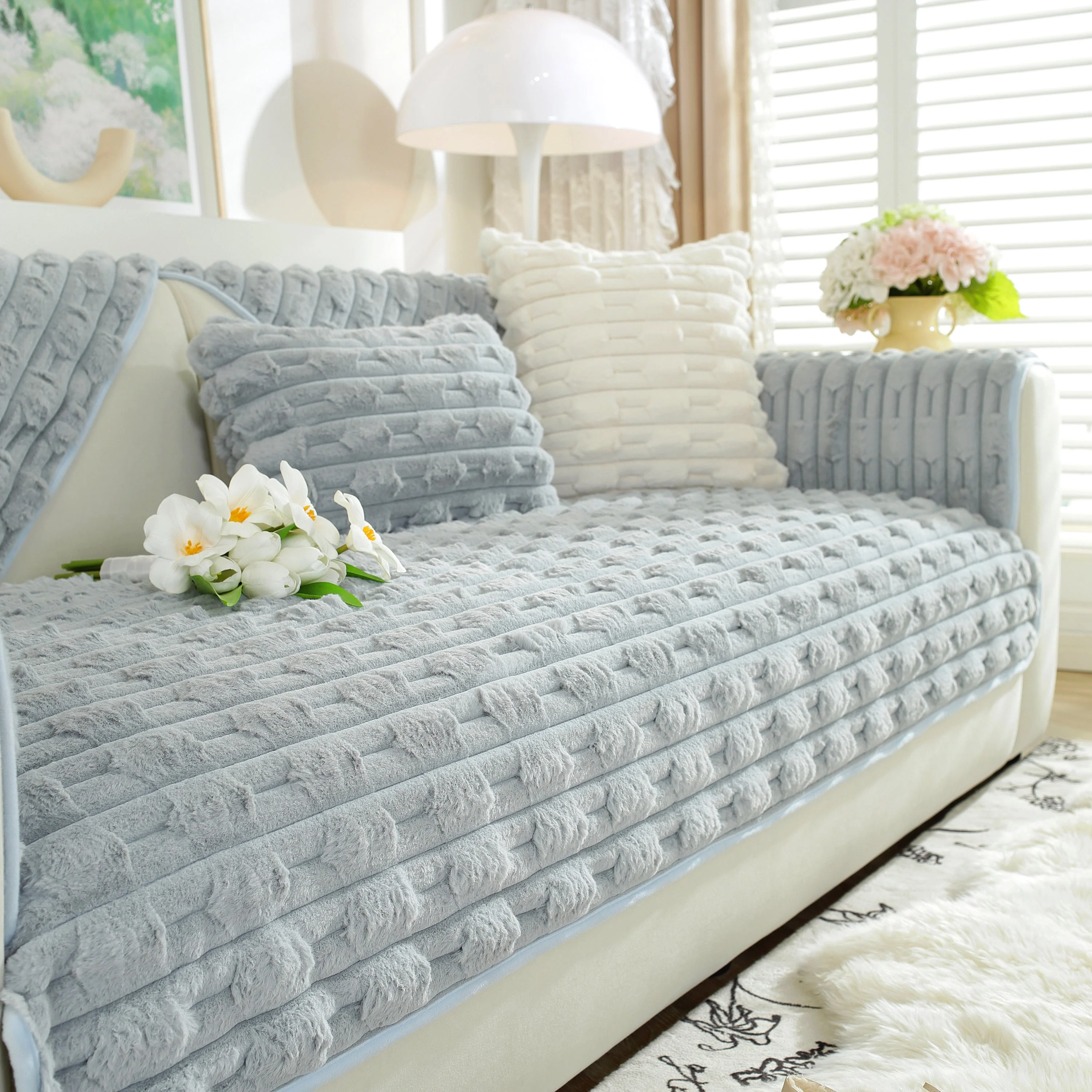 Bamboo-Style Sofa Towel, Faux Rabbit Fur Thickened Non-slip Seat Cushion Covers - Image 77