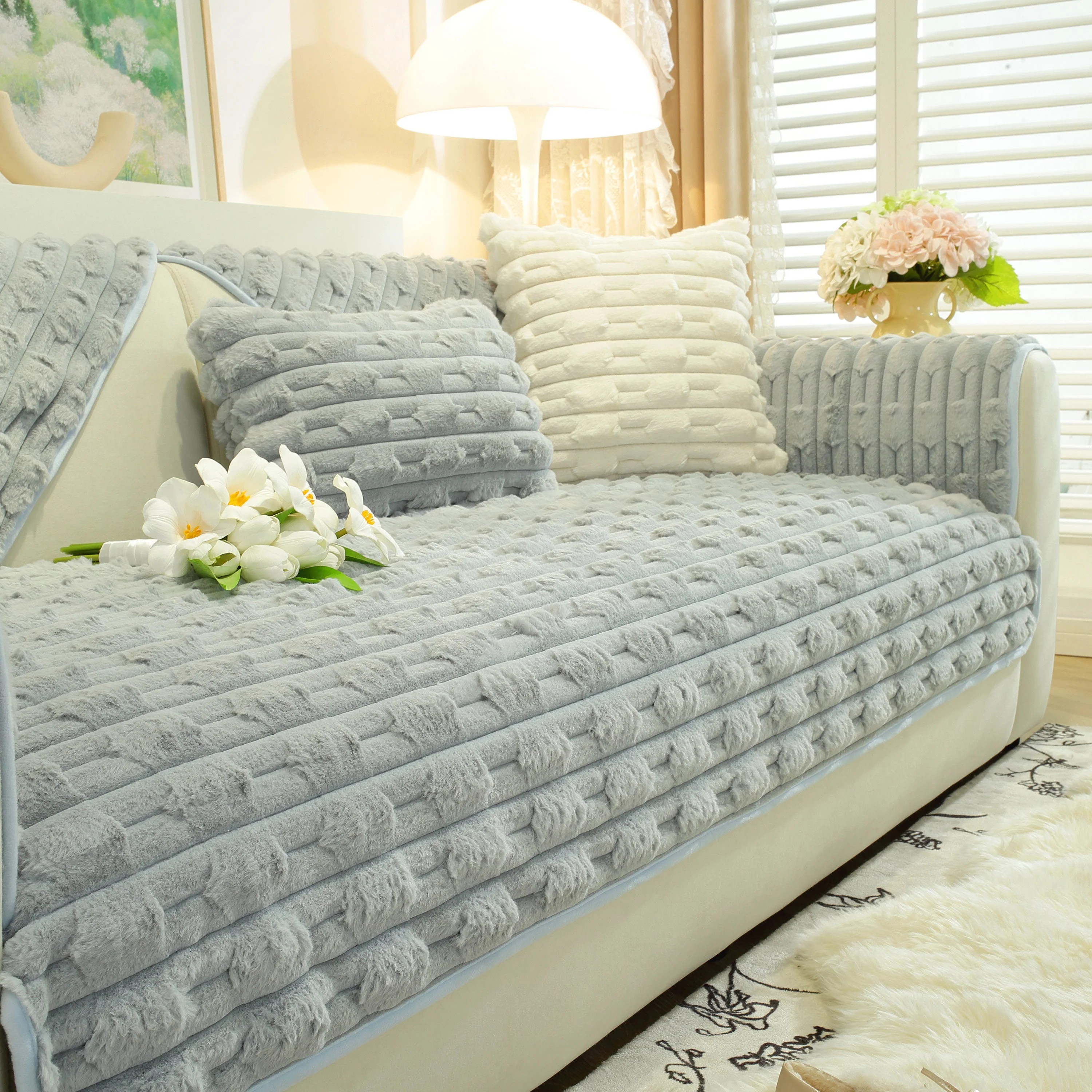 Bamboo-Style Sofa Towel, Faux Rabbit Fur Thickened Non-slip Seat Cushion Covers - Image 78