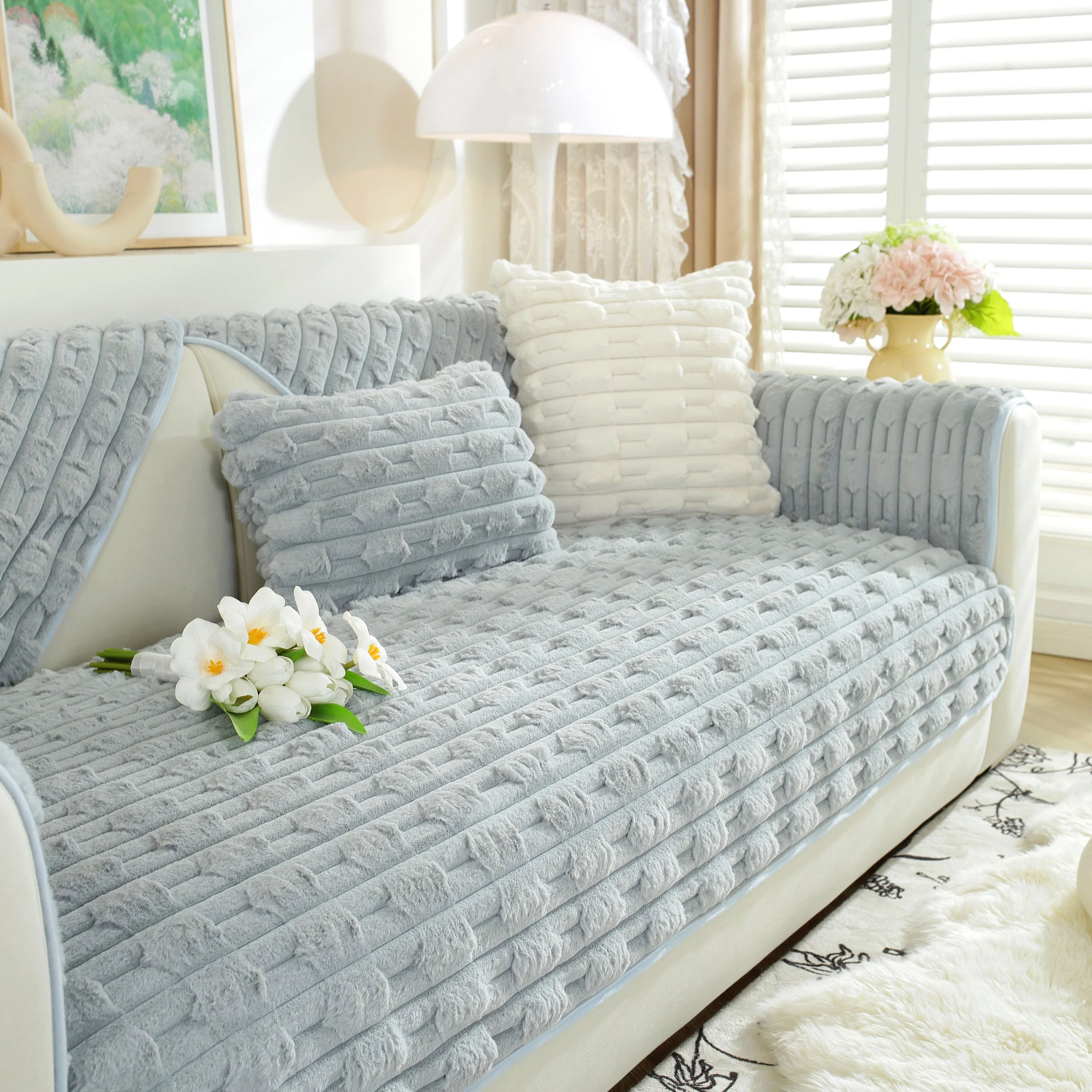 Bamboo-Style Sofa Towel, Faux Rabbit Fur Thickened Non-slip Seat Cushion Covers - Image 79