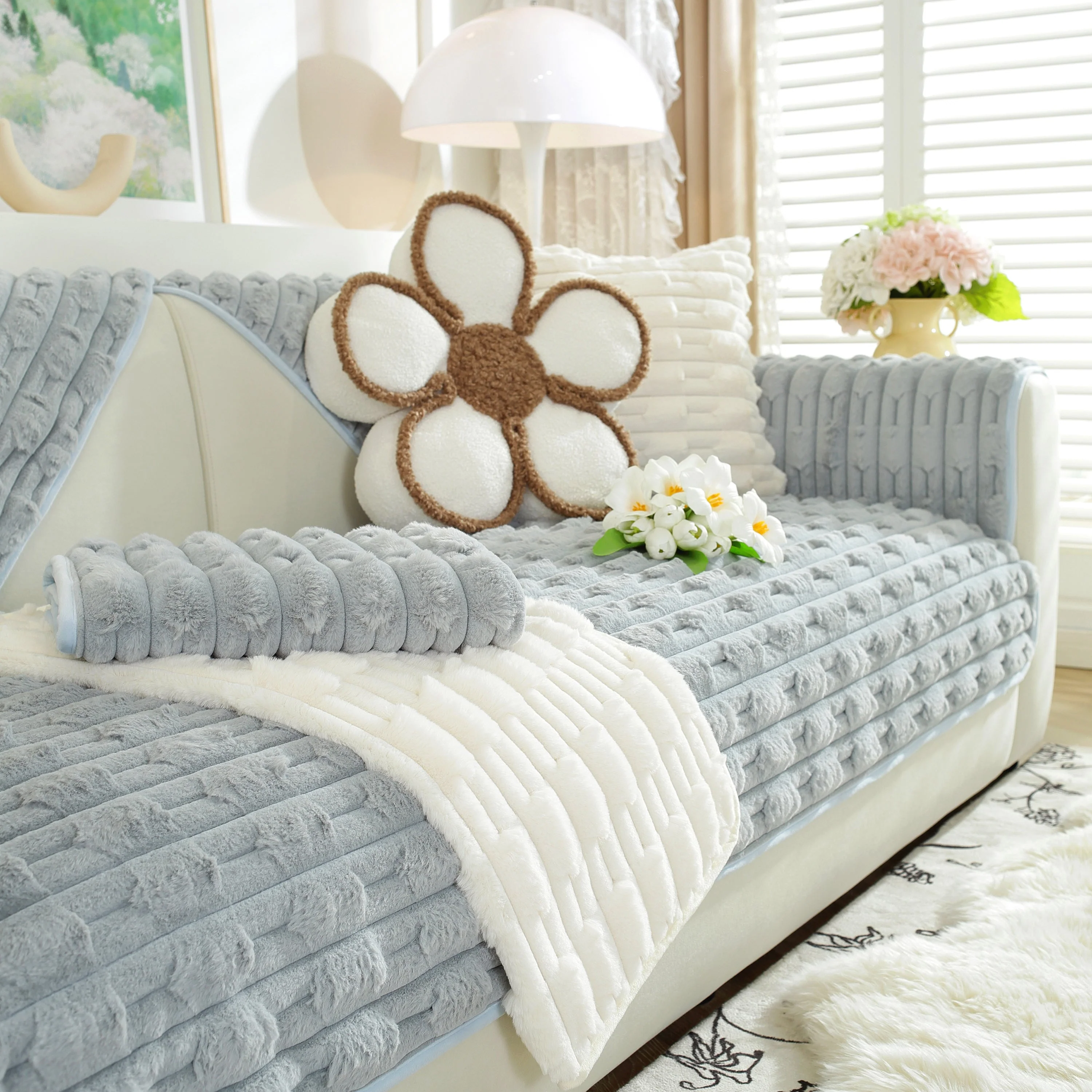Bamboo-Style Sofa Towel, Faux Rabbit Fur Thickened Non-slip Seat Cushion Covers - Image 81