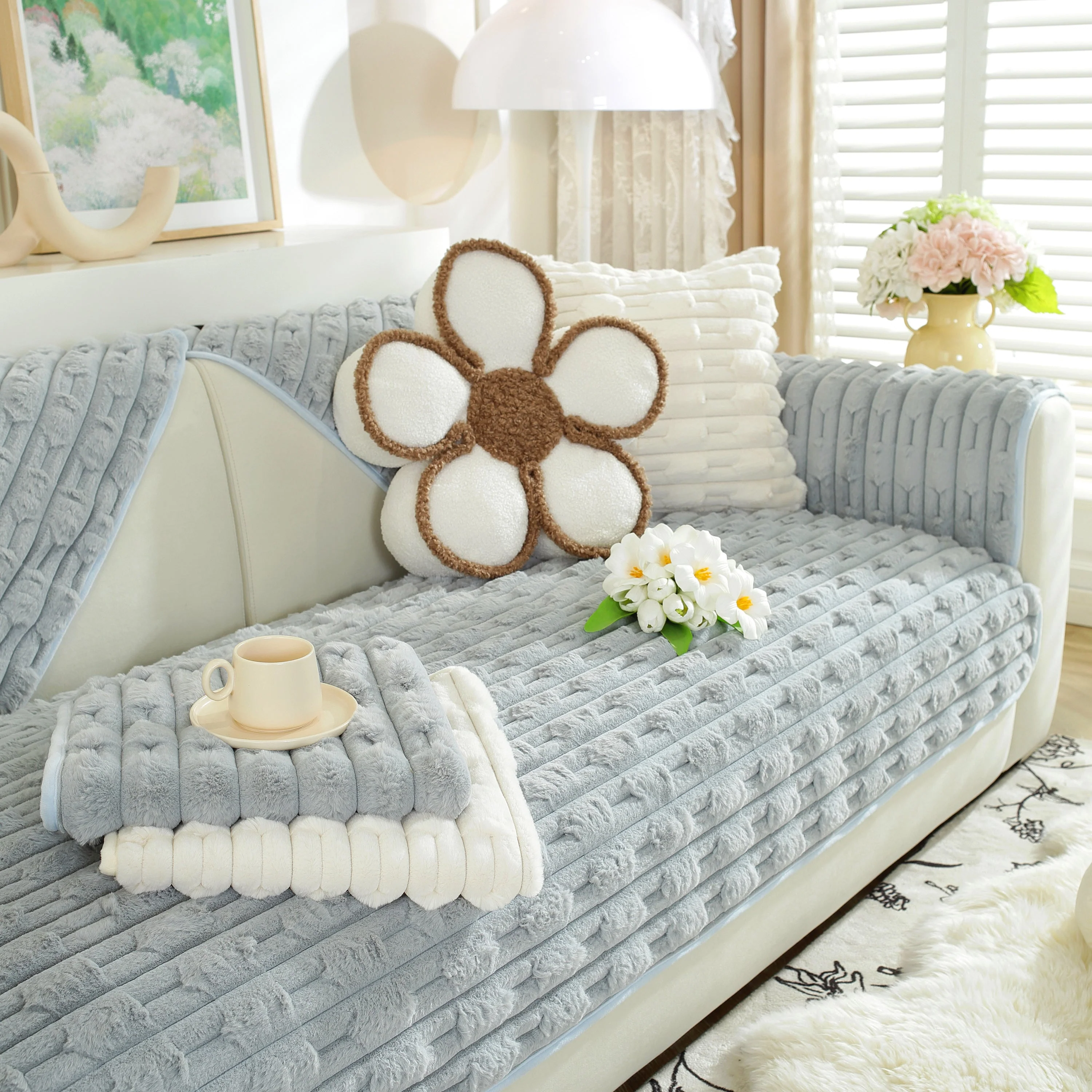Bamboo-Style Sofa Towel, Faux Rabbit Fur Thickened Non-slip Seat Cushion Covers - Image 82