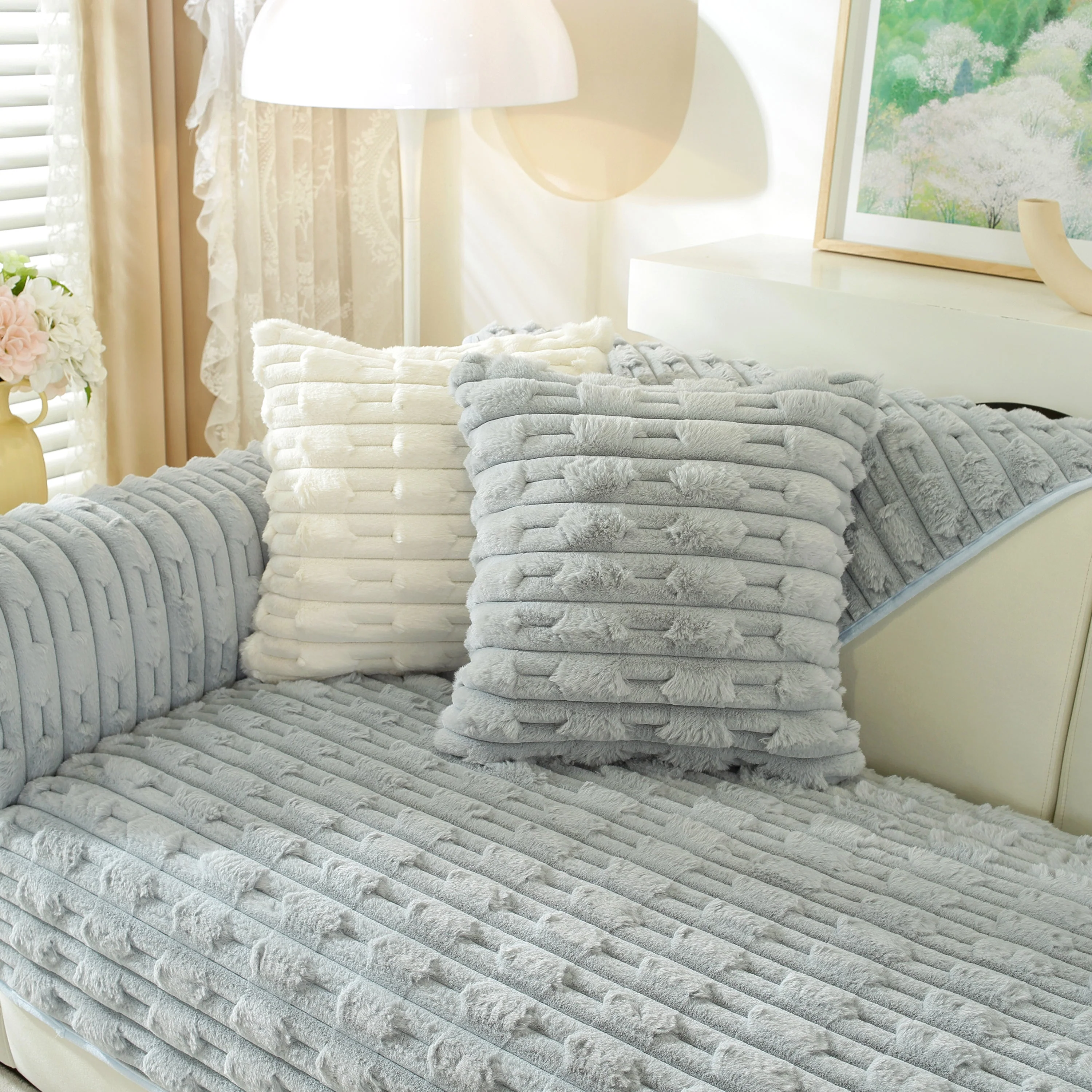 Bamboo-Style Sofa Towel, Faux Rabbit Fur Thickened Non-slip Seat Cushion Covers - Image 83