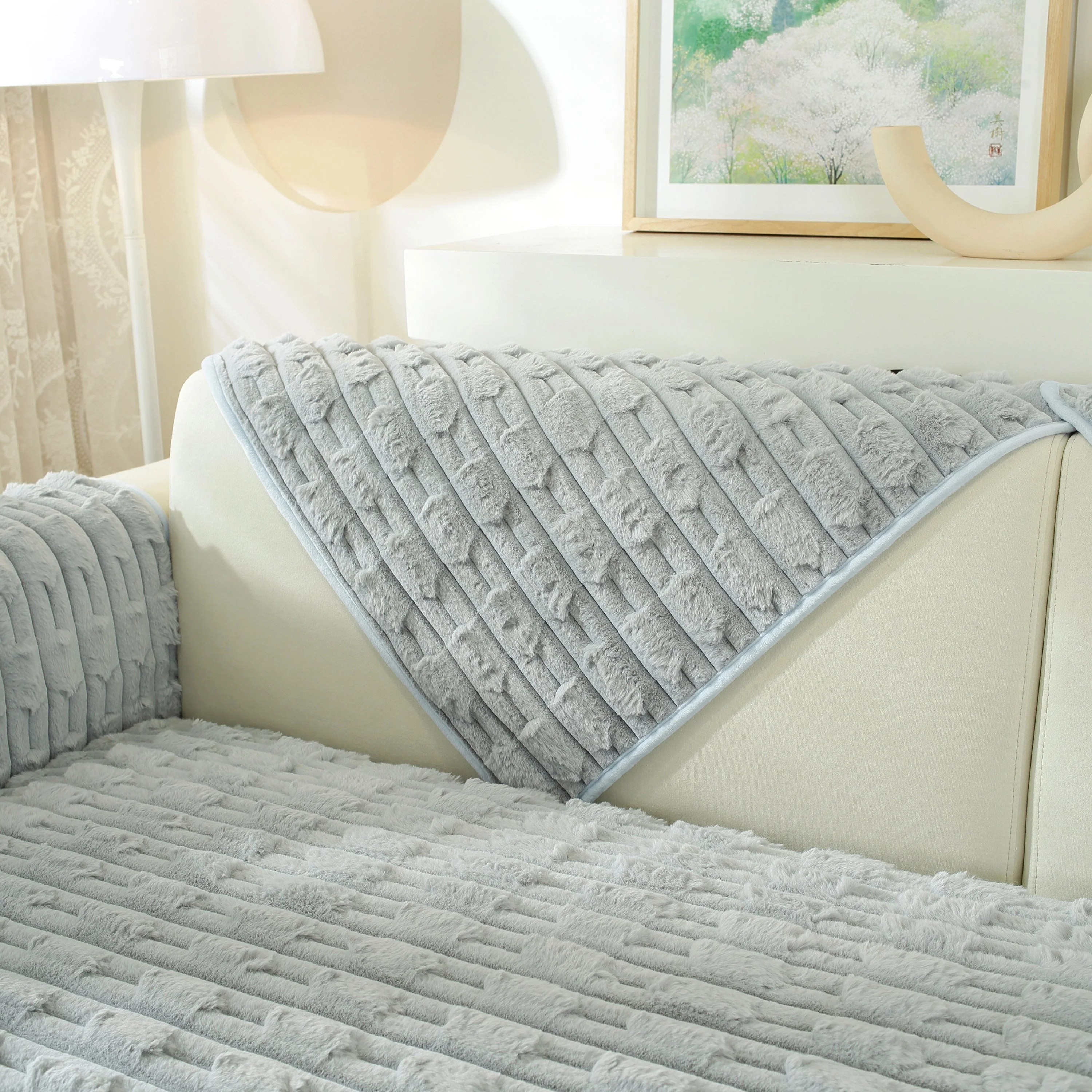 Bamboo-Style Sofa Towel, Faux Rabbit Fur Thickened Non-slip Seat Cushion Covers - Image 85