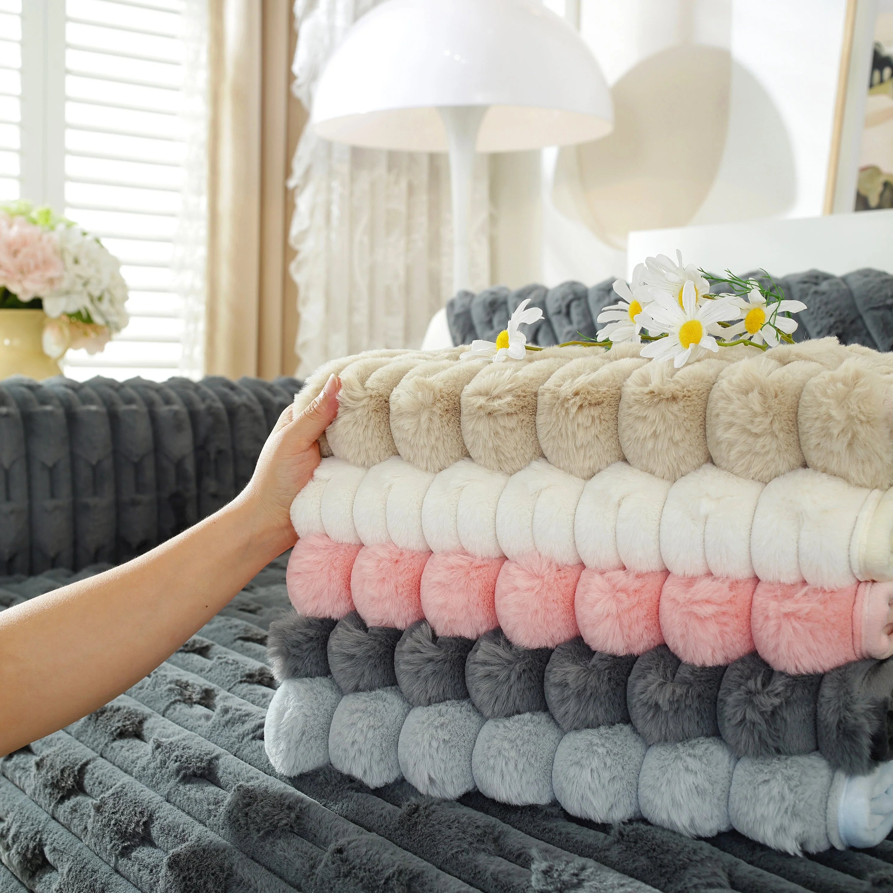 Bamboo-Style Sofa Towel, Faux Rabbit Fur Thickened Non-slip Seat Cushion Covers - Image 9