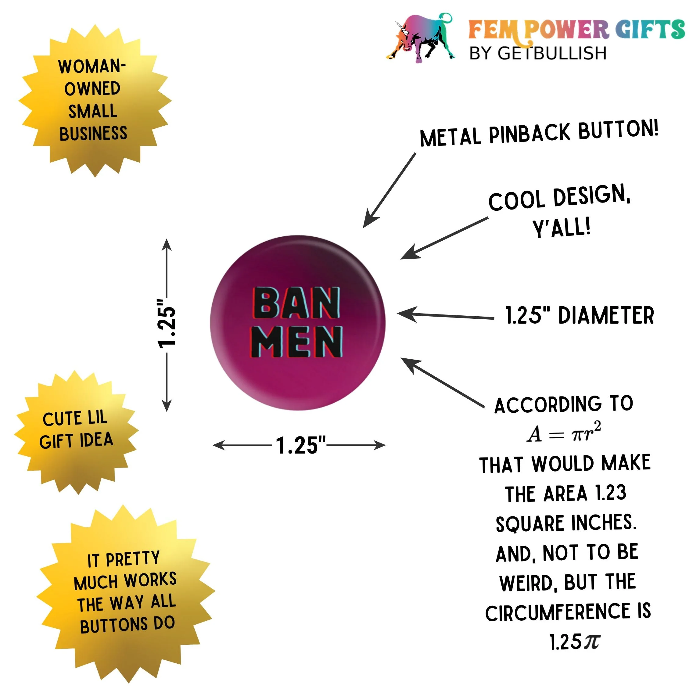 BAN MEN 1.25" Button Pin in Pink and Black | Feminist Pinback Button Badge - Image 3