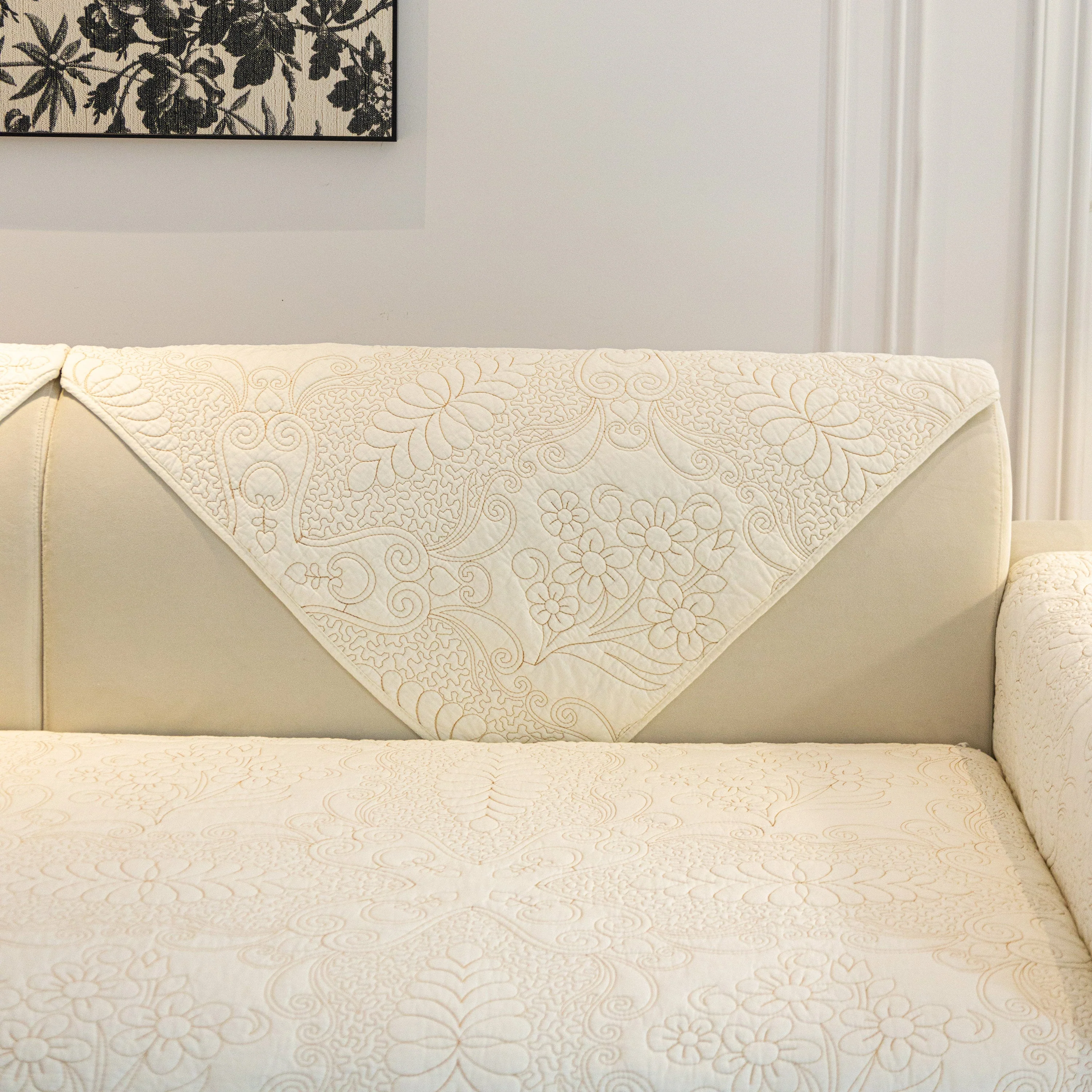 Baroque Floral Quilted Cotton Sofa Cover, Non-Slip Washable Couch Protector - Image 13