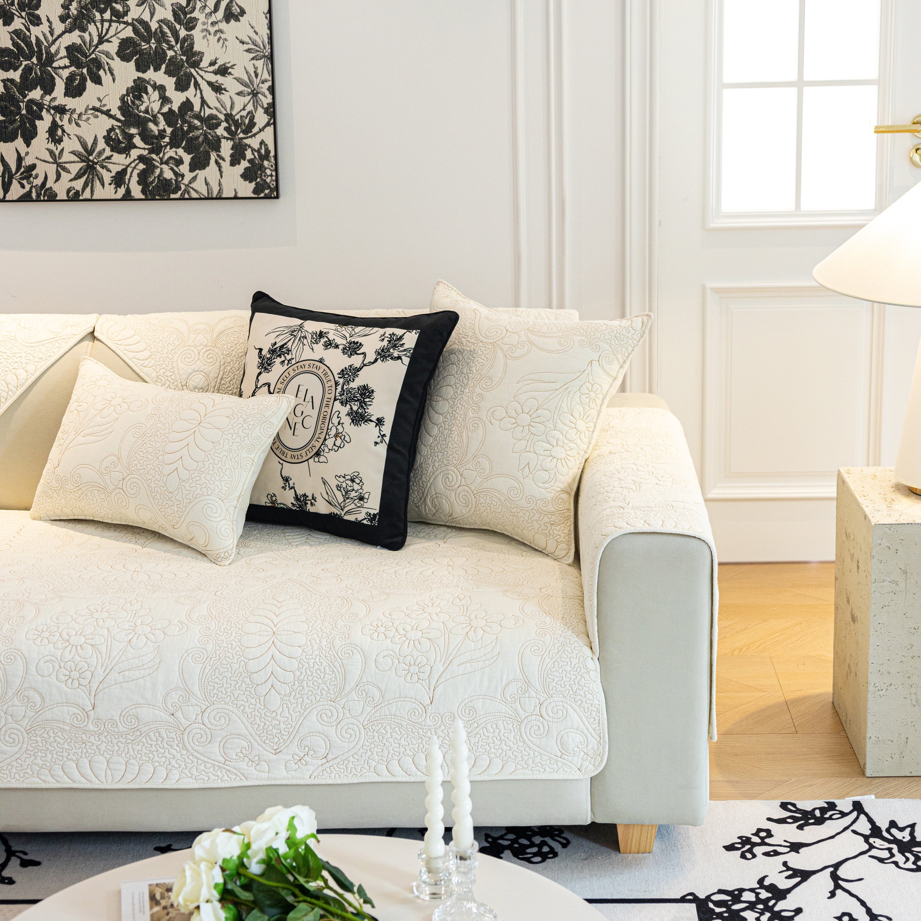 Baroque Floral Quilted Cotton Sofa Cover, Non-Slip Washable Couch Protector - Image 2