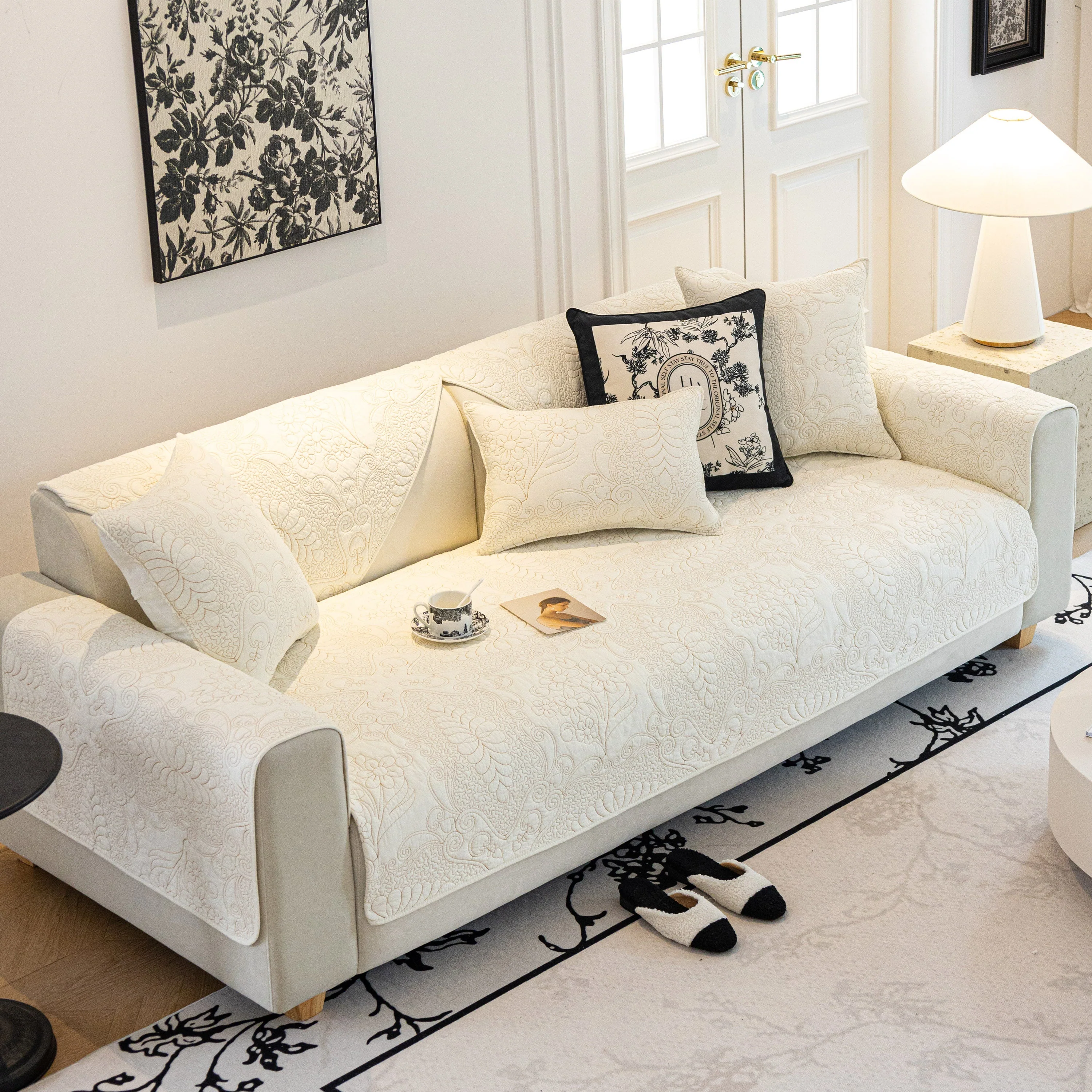 Baroque Floral Quilted Cotton Sofa Cover, Non-Slip Washable Couch Protector - Image 20